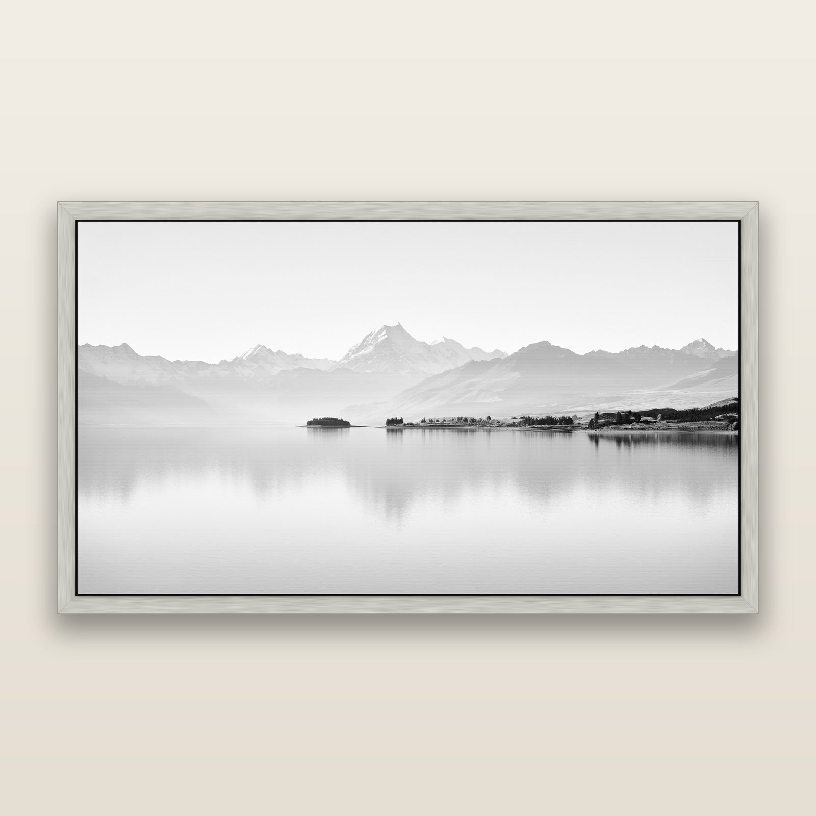Cook's Elegance, Lake Pukaki, black and white framed metallic canvas print, Antique Silver frame. New Zealand fine art wall art by Stephen Milner.
