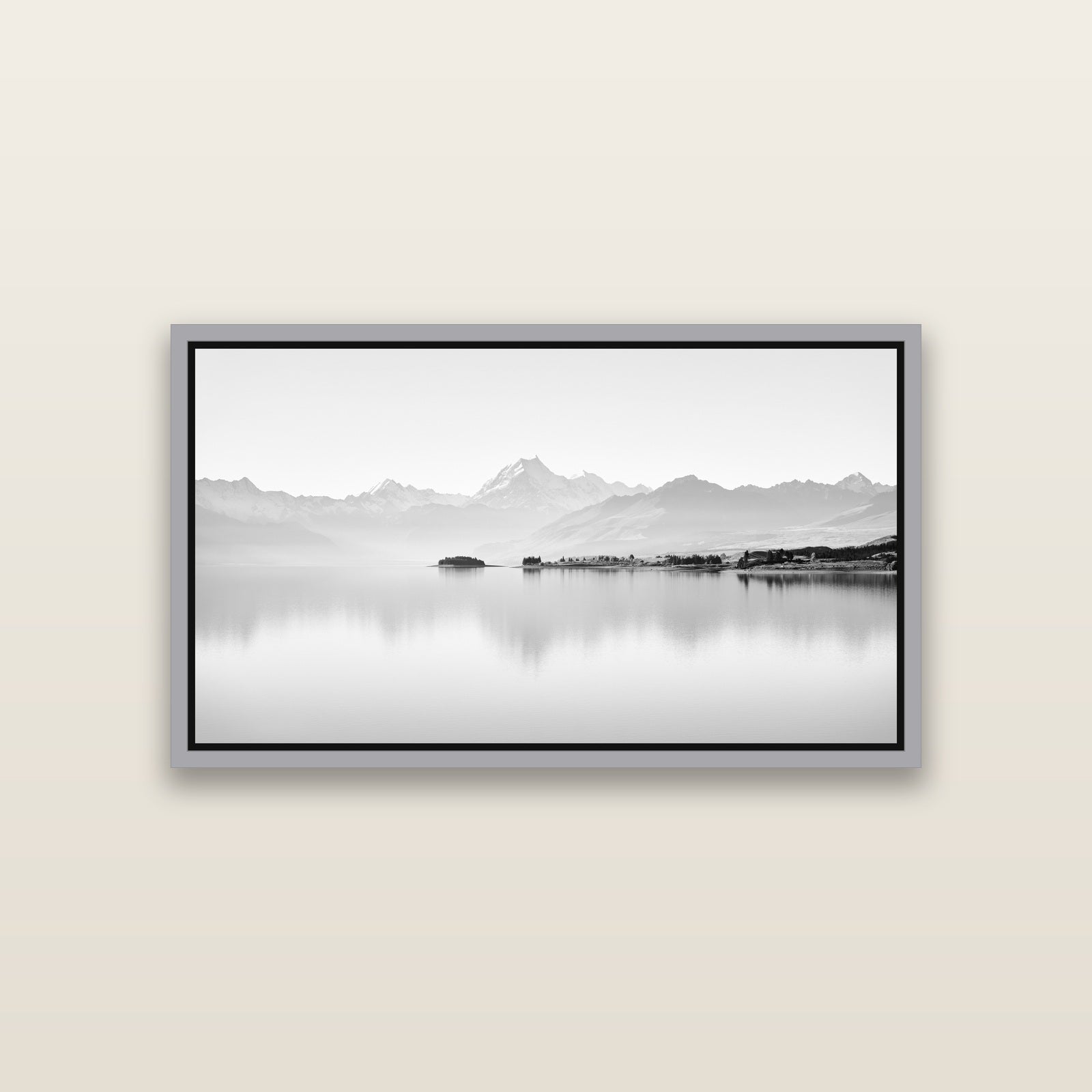 Cook's Elegance, Lake Pukaki — Antique Silver framed metallic canvas print, small 81 × 46 cm. New Zealand fine art landscape wall art by Stephen Milner.