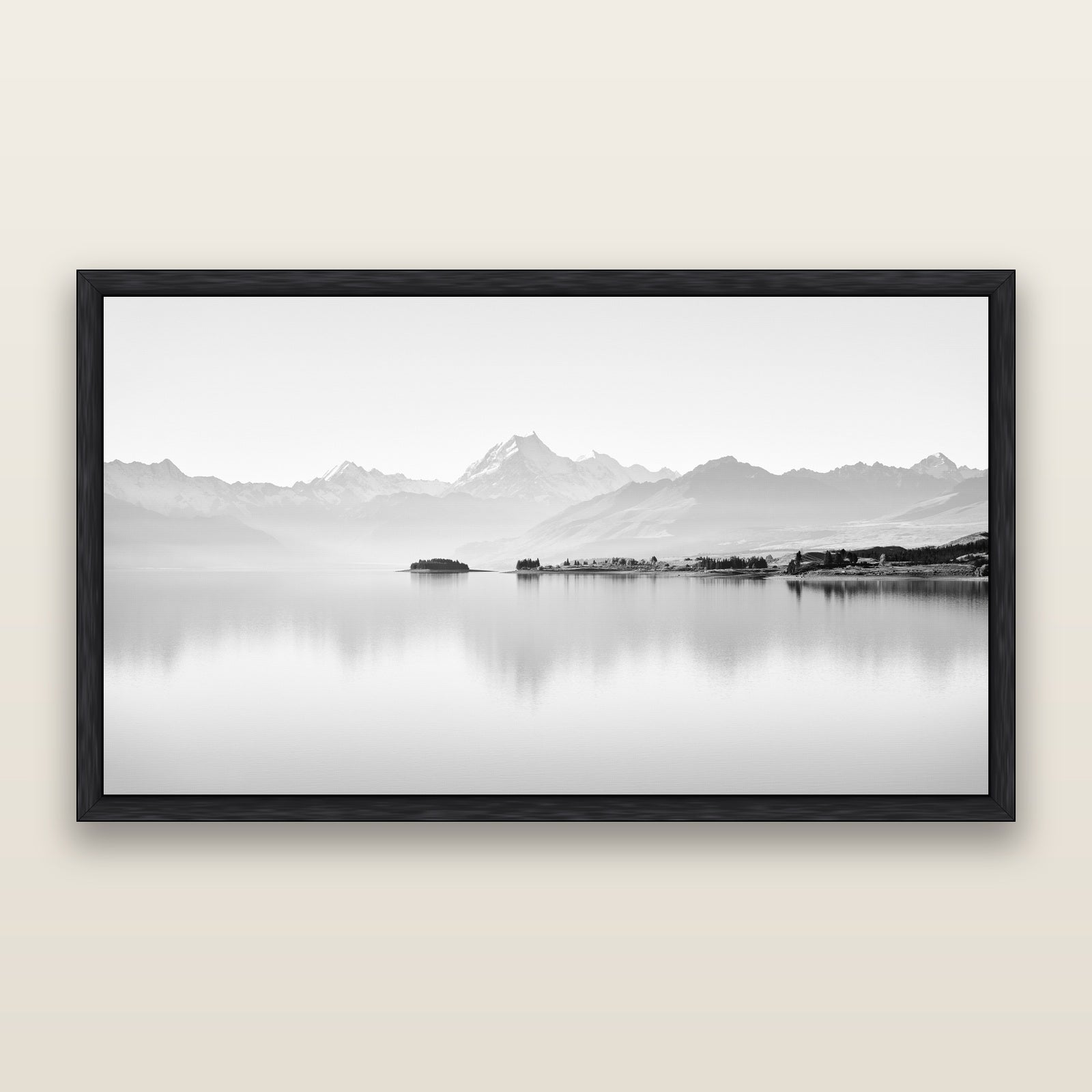 Cook's Elegance, Lake Pukaki, black and white framed metallic canvas print, Black frame. New Zealand fine art wall art by Stephen Milner.
