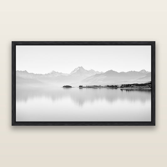 Cook's Elegance, Lake Pukaki — black and white framed metallic canvas print, Black frame. New Zealand fine art wall art by Stephen Milner.