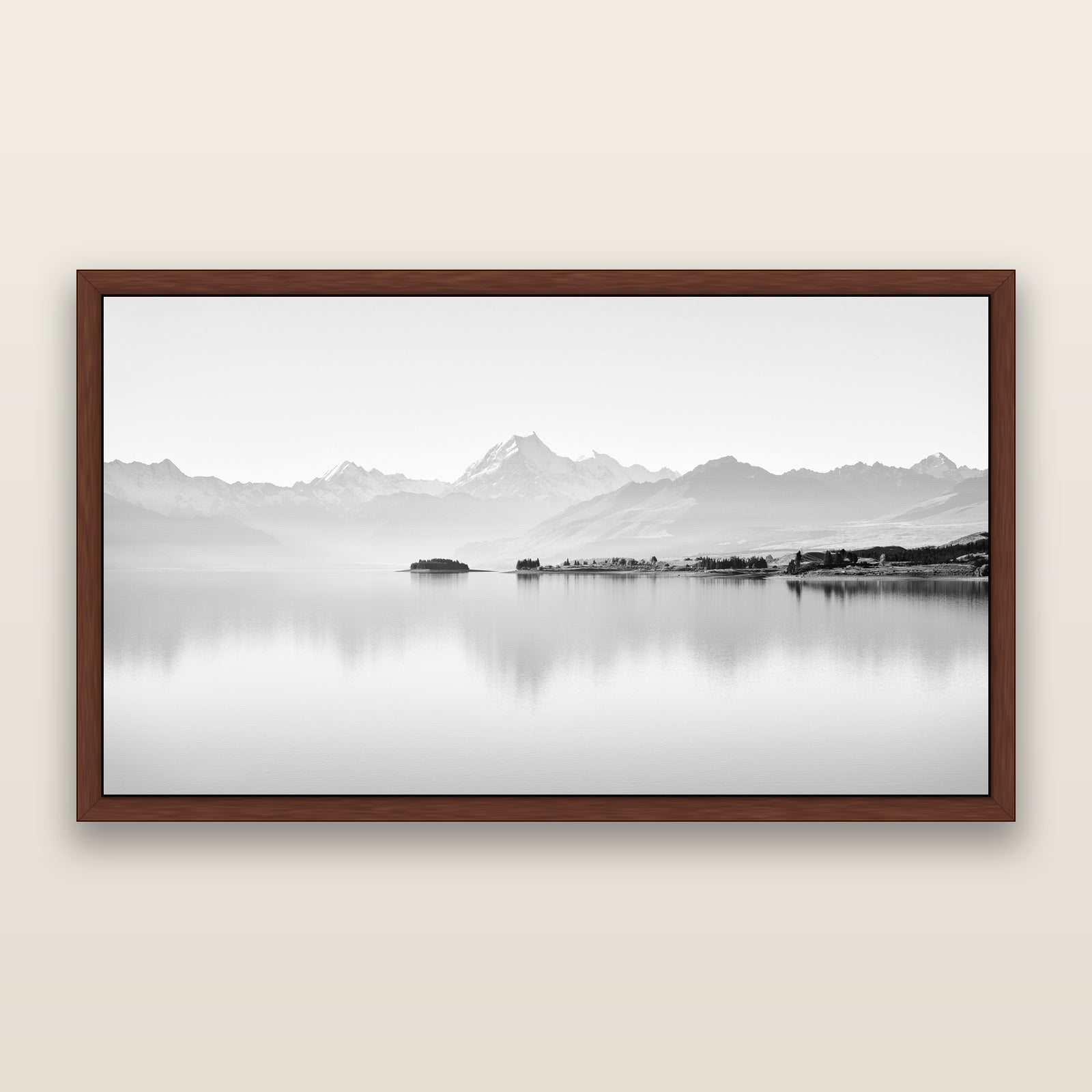 Cook's Elegance, Lake Pukaki, black and white framed metallic canvas print, Brown frame. New Zealand fine art wall art by Stephen Milner.