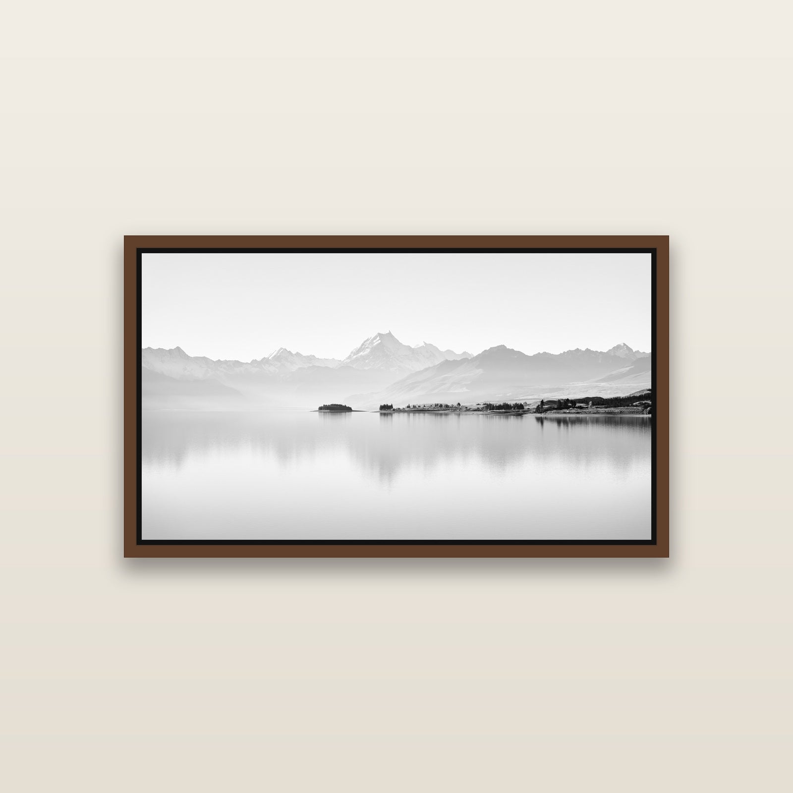 Cook's Elegance, Lake Pukaki — Brown framed metallic canvas print, small 81 × 46 cm. New Zealand fine art landscape wall art by Stephen Milner.
