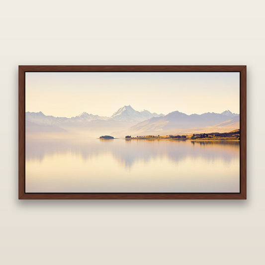 Cook's Elegance, Lake Pukaki — framed metallic canvas print, Brown frame. New Zealand fine art landscape wall art by Stephen Milner.
