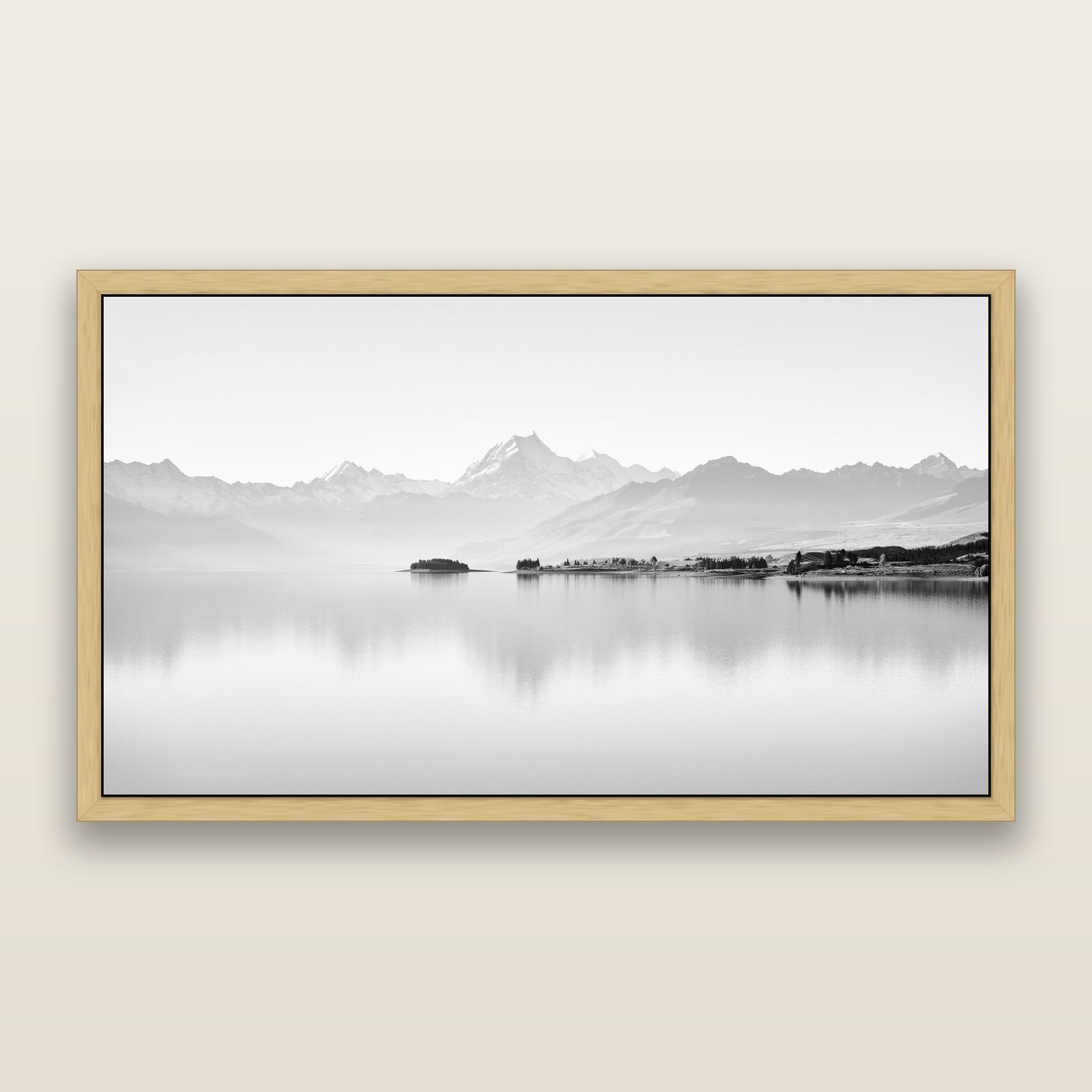 Cook's Elegance, Lake Pukaki, black and white framed metallic canvas print, Natural frame. New Zealand fine art wall art by Stephen Milner.