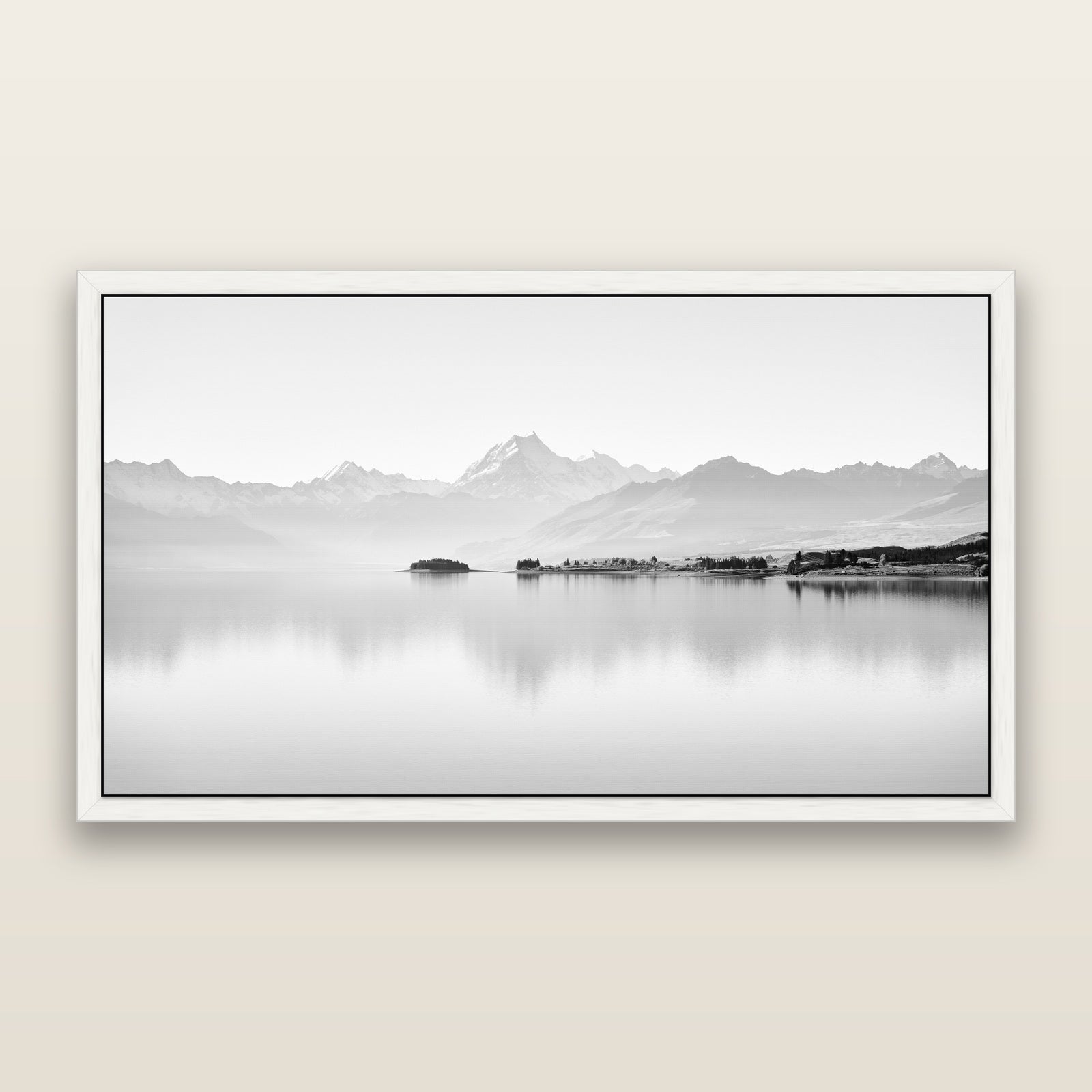 Cook's Elegance, Lake Pukaki, black and white framed metallic canvas print, White frame. New Zealand fine art wall art by Stephen Milner.