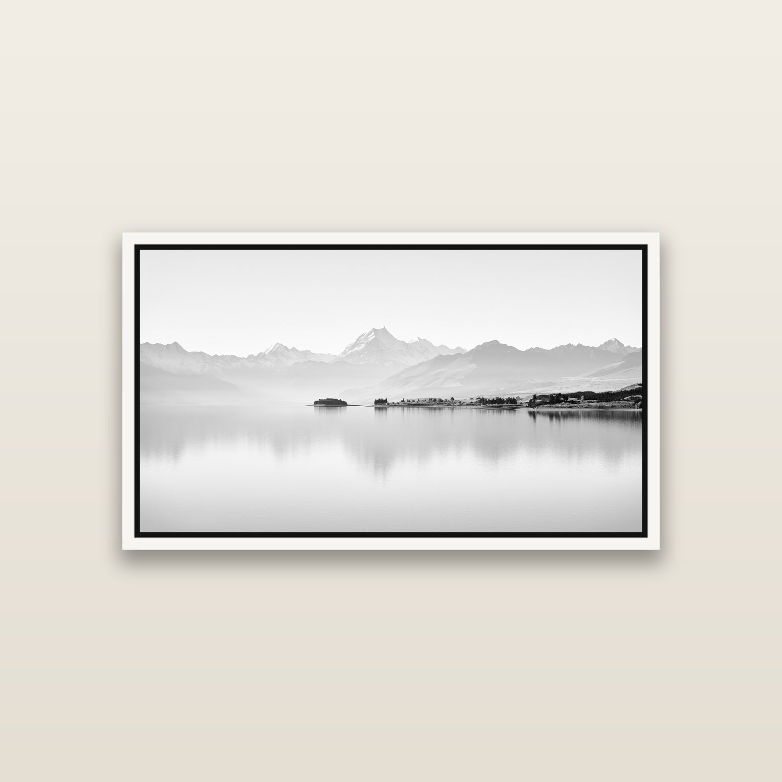 Cook's Elegance, Lake Pukaki — White framed metallic canvas print, small 81 × 46 cm. New Zealand fine art landscape wall art by Stephen Milner.