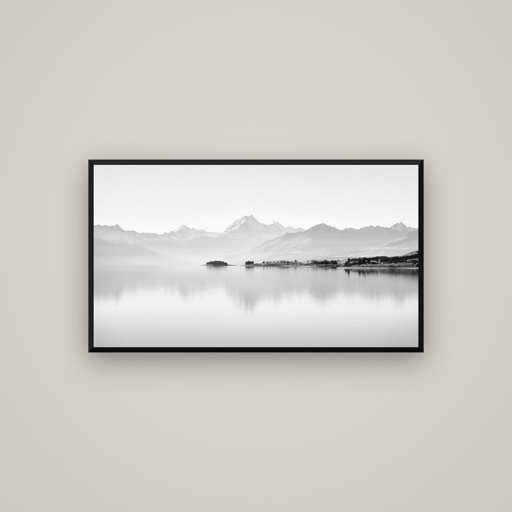 Cook's Elegance, Lake Pukaki — Basel Black Matte, 107×60 cm. New Zealand fine art wall art by Stephen Milner.
