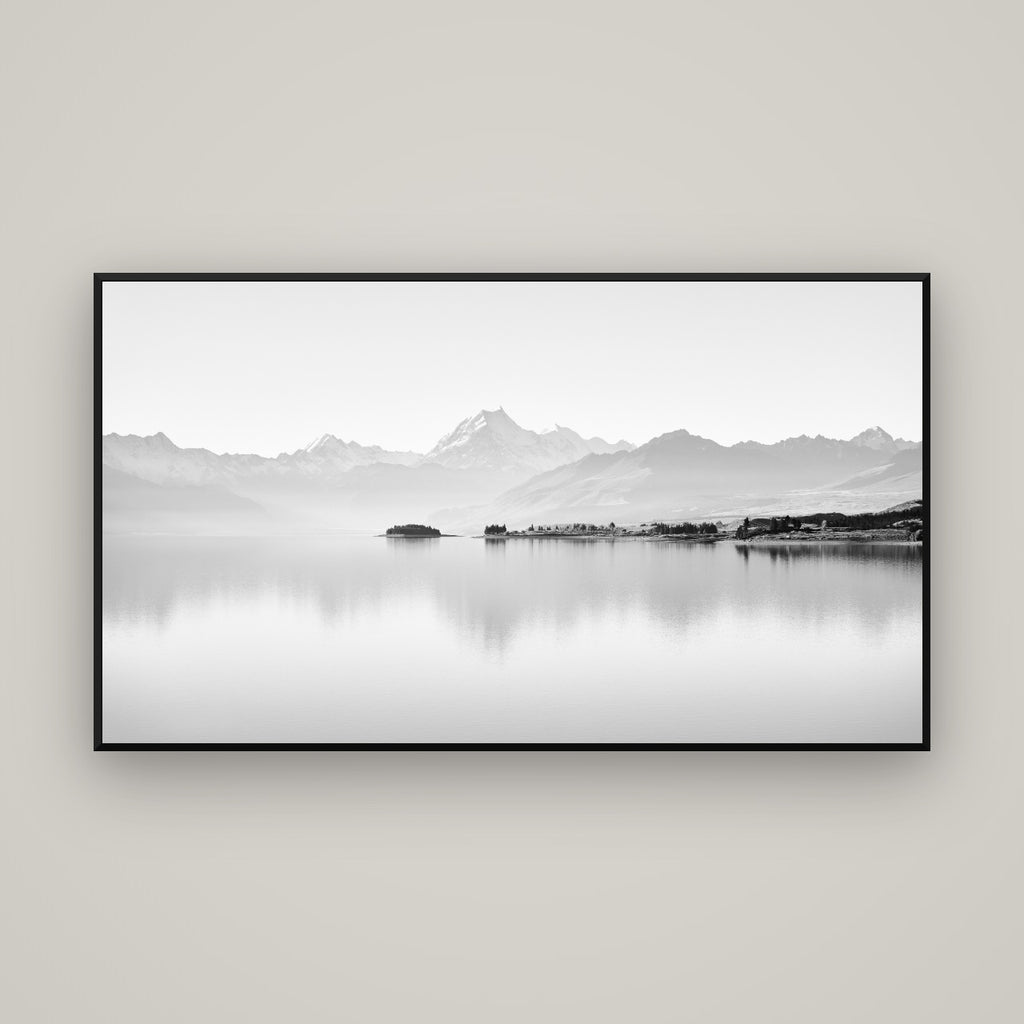 Cook's Elegance, Lake Pukaki — Basel Black Matte, 160×90 cm. New Zealand fine art wall art by Stephen Milner.