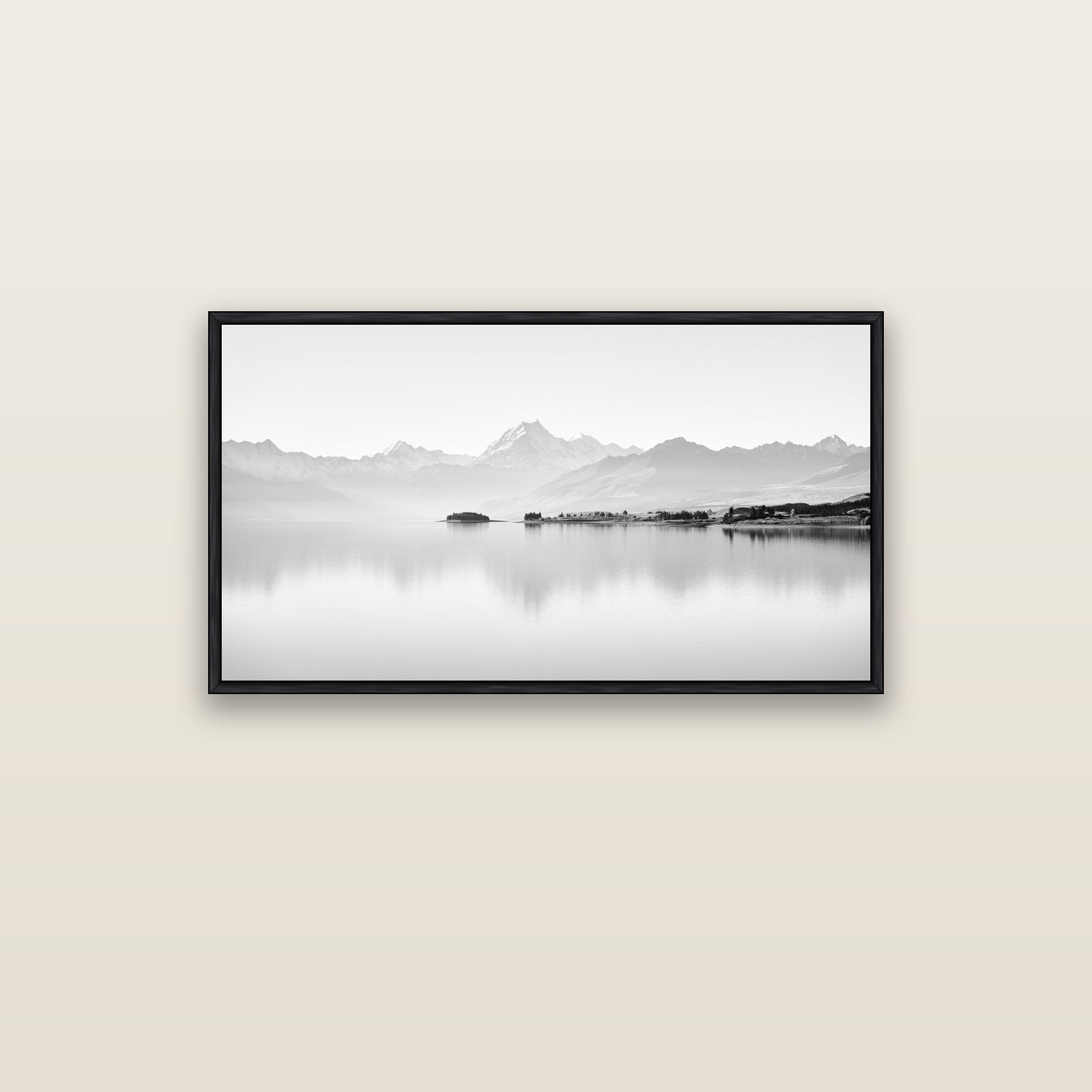 Cook's Elegance, Lake Pukaki — black float frame canvas, 102 × 56 cm. New Zealand fine art landscape wall art by Stephen Milner.