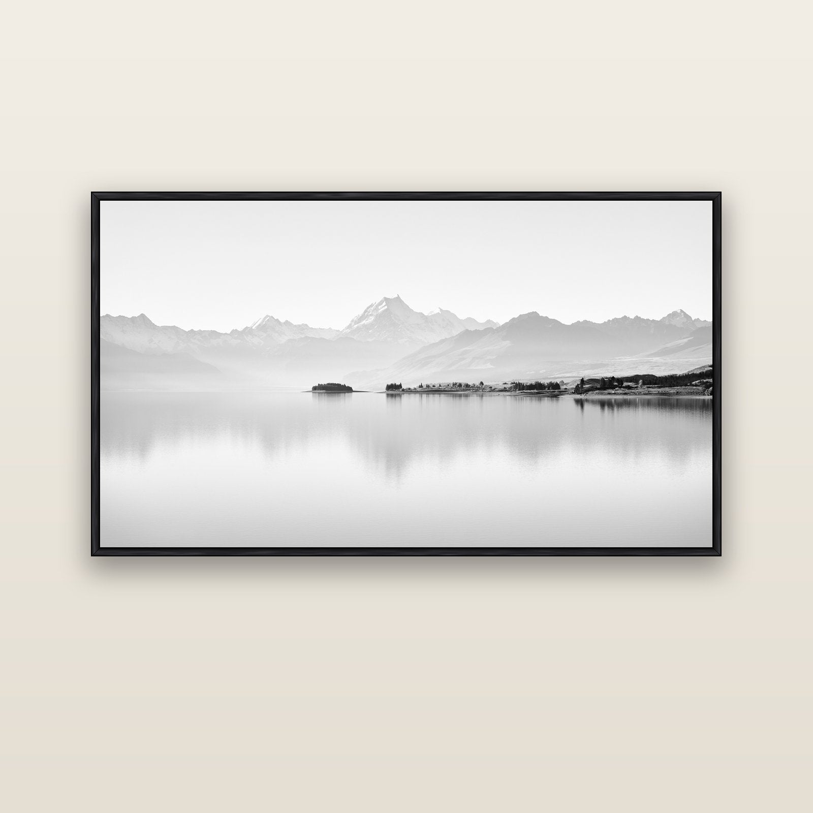 Cook's Elegance, Lake Pukaki — black float frame canvas, 152 × 86 cm. New Zealand fine art landscape wall art by Stephen Milner.