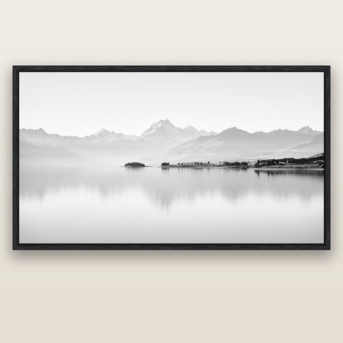 Cook's Elegance, Lake Pukaki — black float frame canvas, 200 × 130 cm. New Zealand fine art landscape wall art by Stephen Milner.