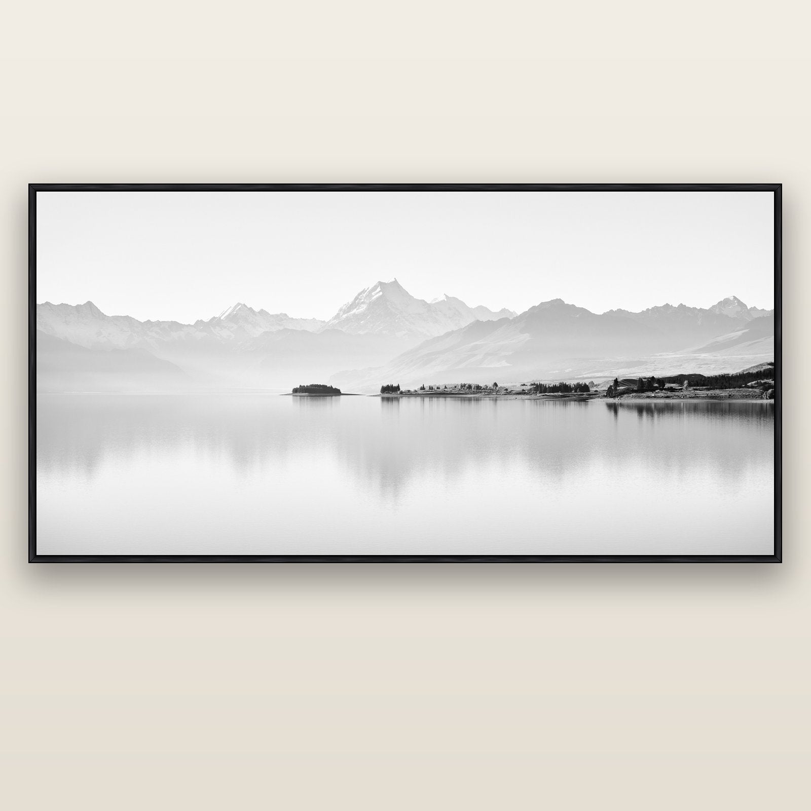 Cook's Elegance, Lake Pukaki — black float frame canvas, 201 × 99 cm. New Zealand fine art landscape wall art by Stephen Milner.