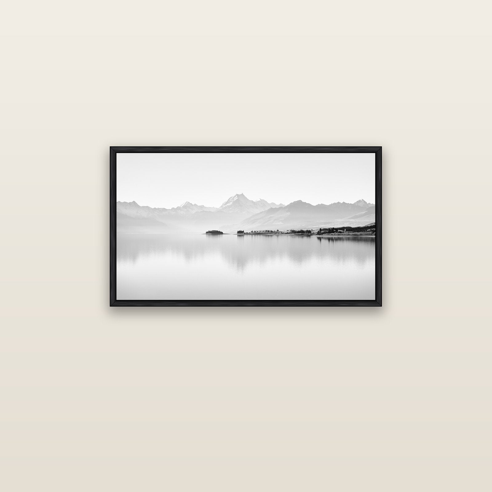 Cook's Elegance, Lake Pukaki — black float frame canvas, 81 × 46 cm. New Zealand fine art landscape wall art by Stephen Milner.
