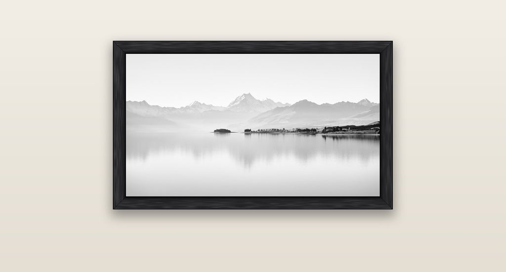 Cook's Elegance, Lake Pukaki — black float frame canvas, 81 × 46 cm. New Zealand fine art landscape wall art by Stephen Milner.