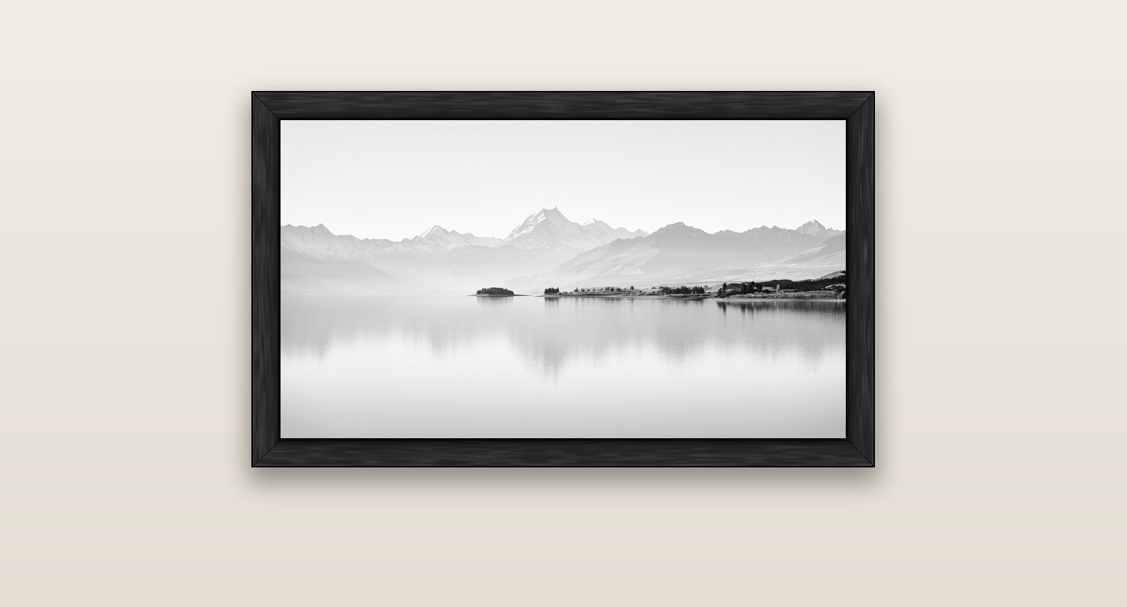 Cook's Elegance, Lake Pukaki — black float frame canvas, 81 × 46 cm. New Zealand fine art landscape wall art by Stephen Milner.
