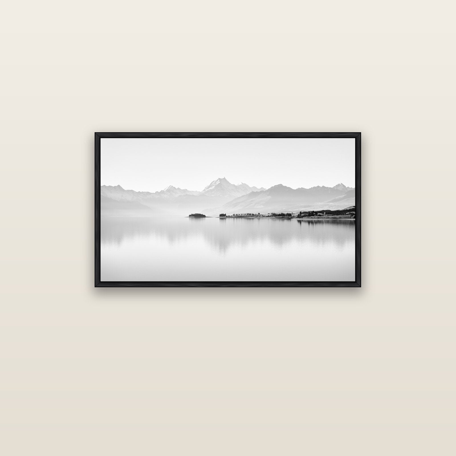 Cook's Elegance, Lake Pukaki — black float frame canvas, 91 × 51 cm. New Zealand fine art landscape wall art by Stephen Milner.