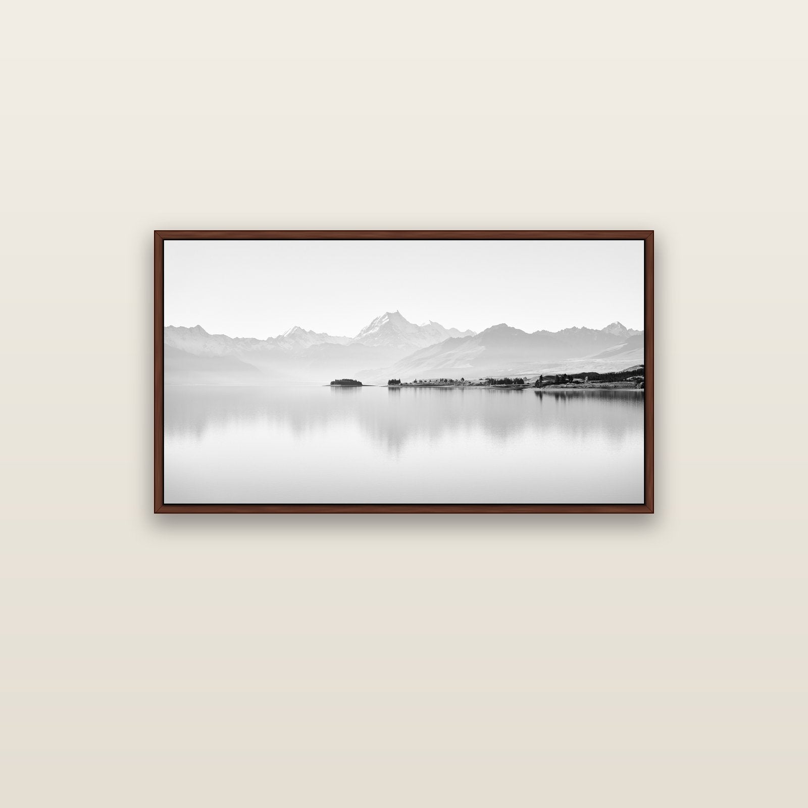 Cook's Elegance, Lake Pukaki — brown float frame canvas, 102 × 56 cm. New Zealand fine art landscape wall art by Stephen Milner.