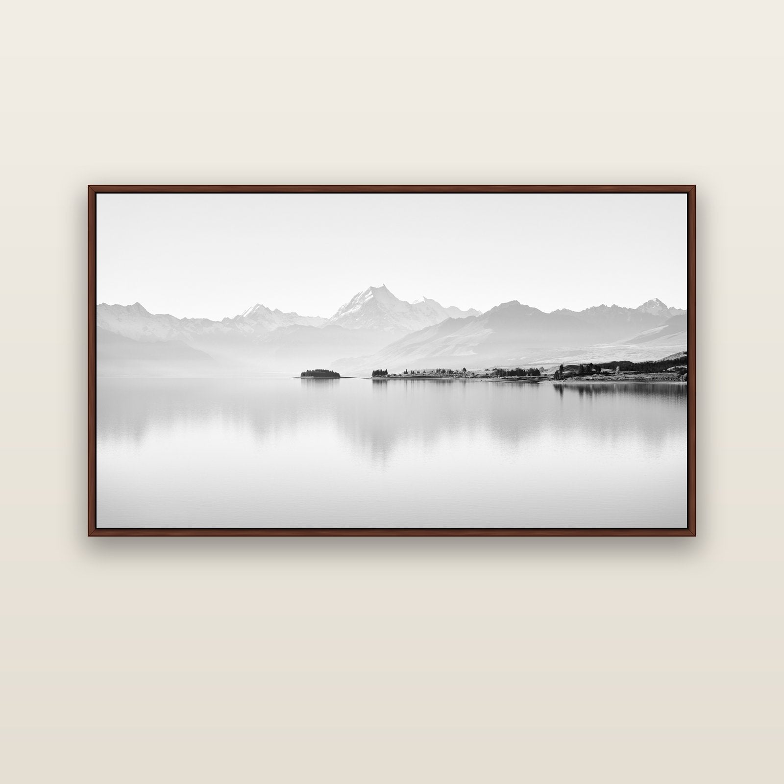 Cook's Elegance, Lake Pukaki — brown float frame canvas, 152 × 86 cm. New Zealand fine art landscape wall art by Stephen Milner.