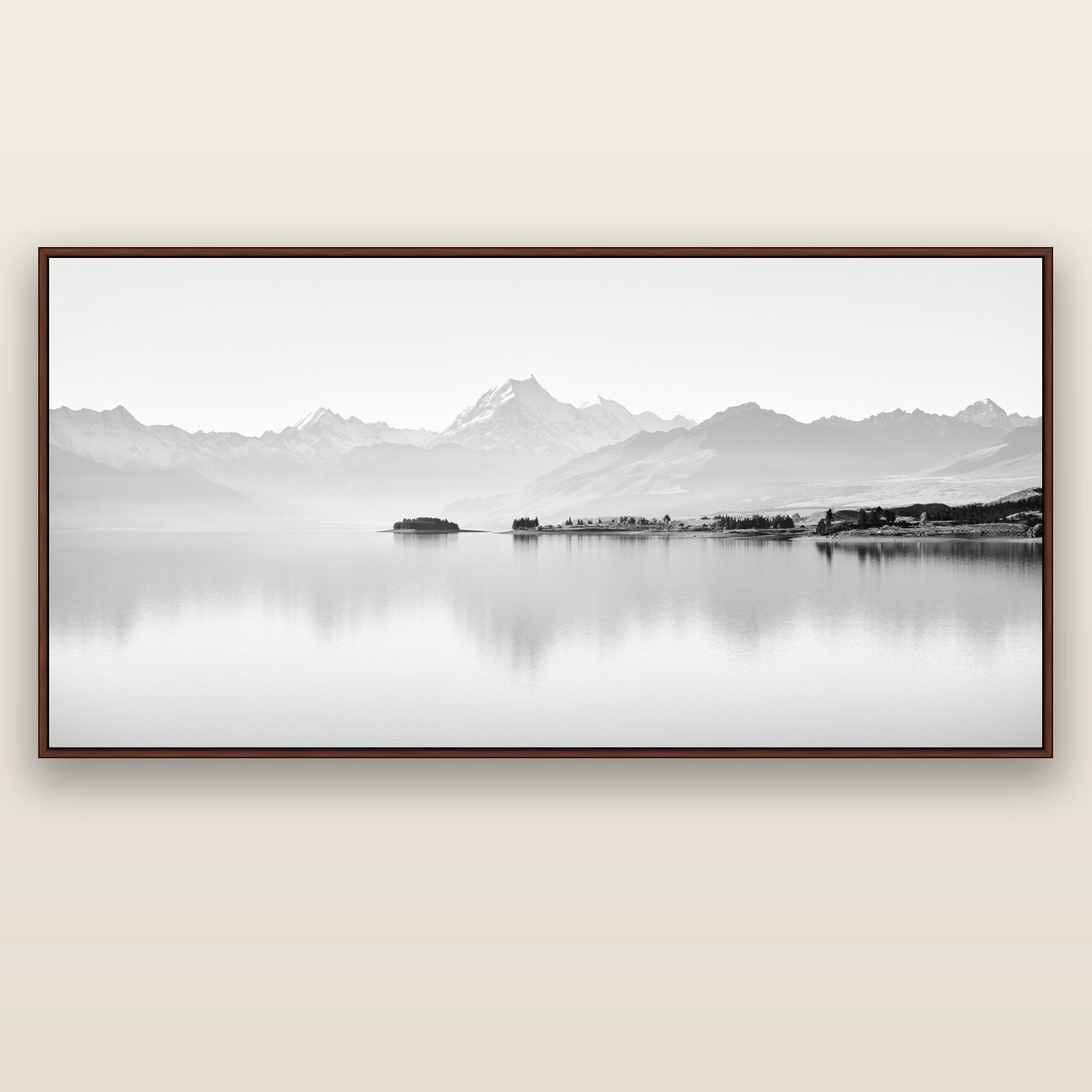 Cook's Elegance, Lake Pukaki — brown float frame canvas, 201 × 99 cm. New Zealand fine art landscape wall art by Stephen Milner.