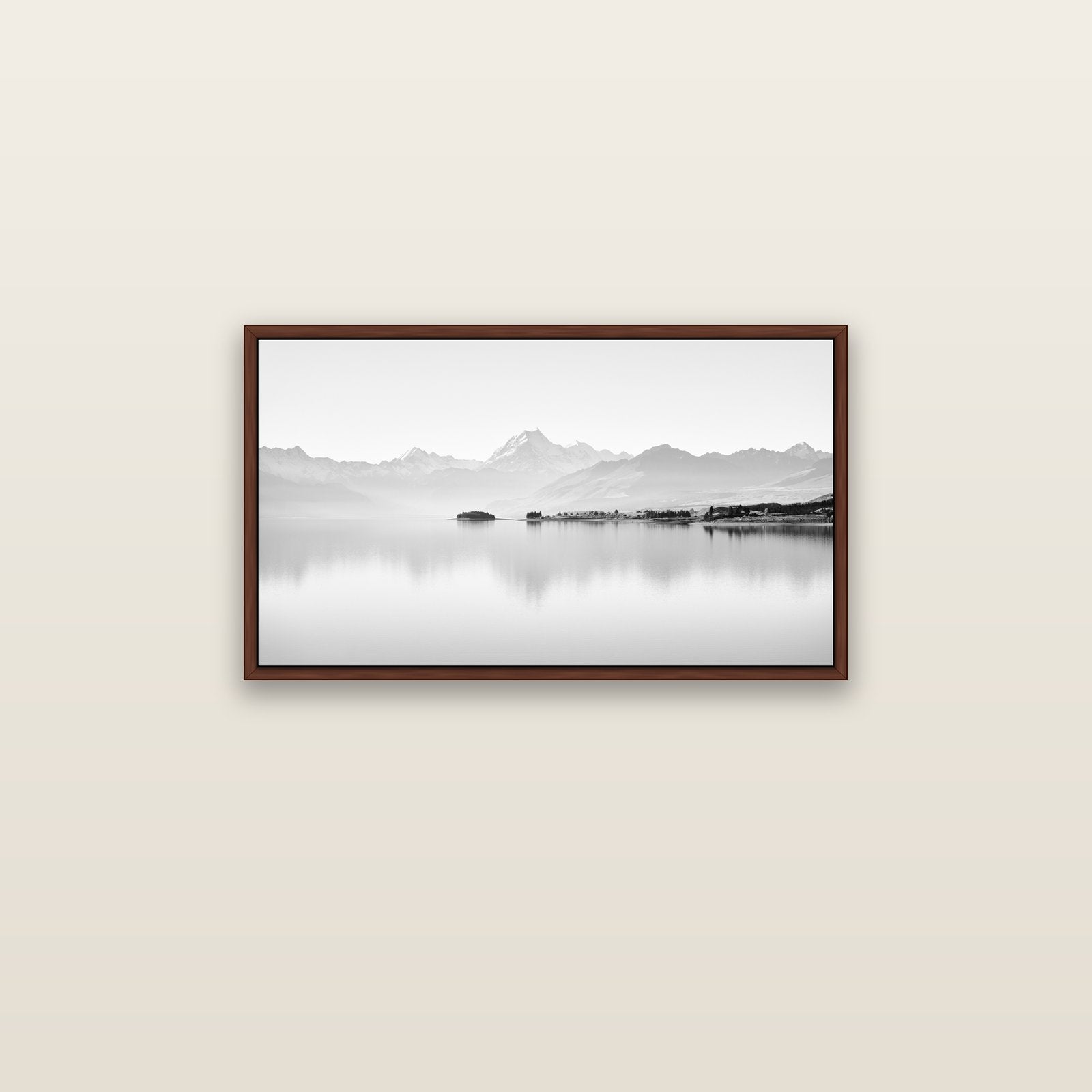 Cook's Elegance, Lake Pukaki — brown float frame canvas, 81 × 46 cm. New Zealand fine art landscape wall art by Stephen Milner.