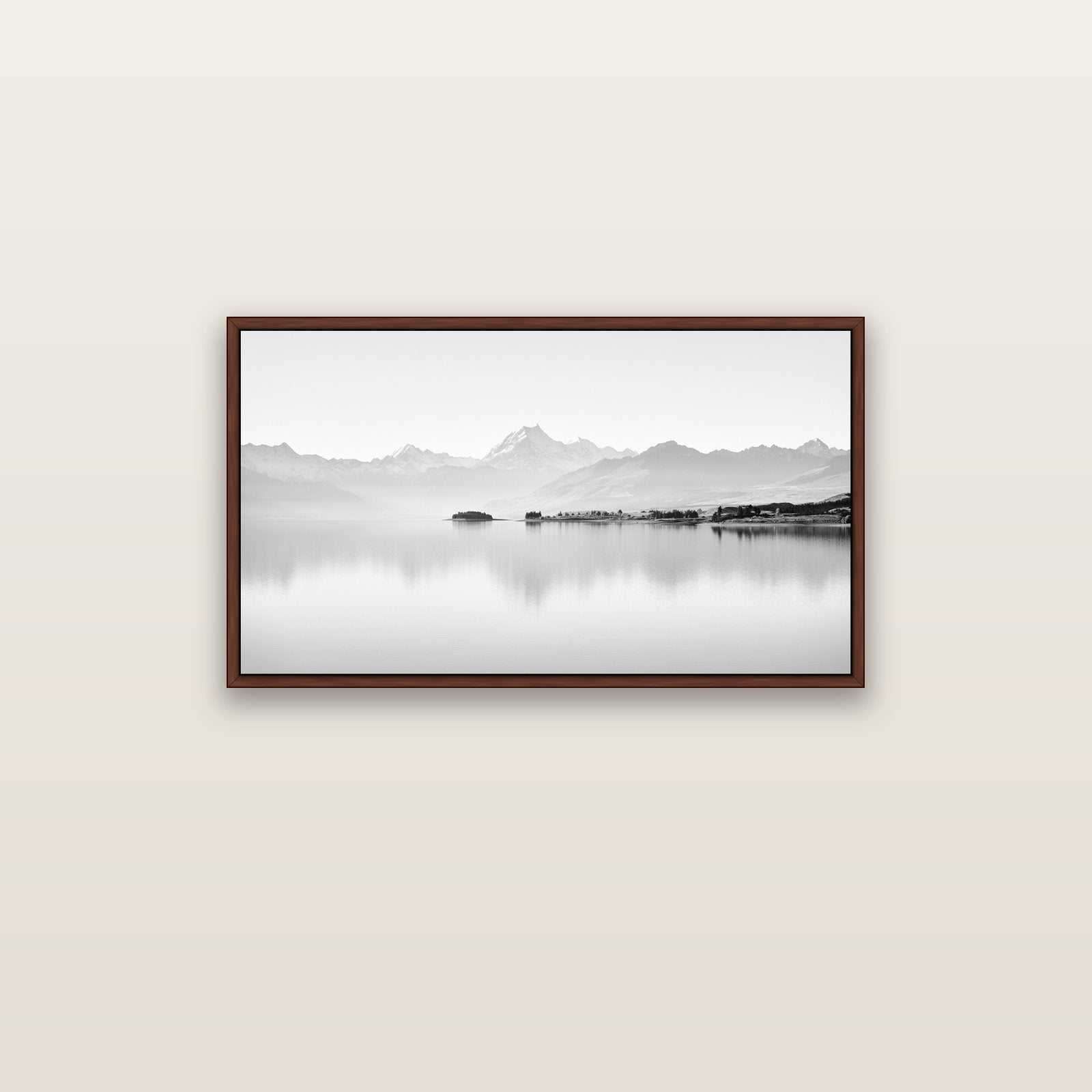 Cook's Elegance, Lake Pukaki — brown float frame canvas, 91 × 51 cm. New Zealand fine art landscape wall art by Stephen Milner.