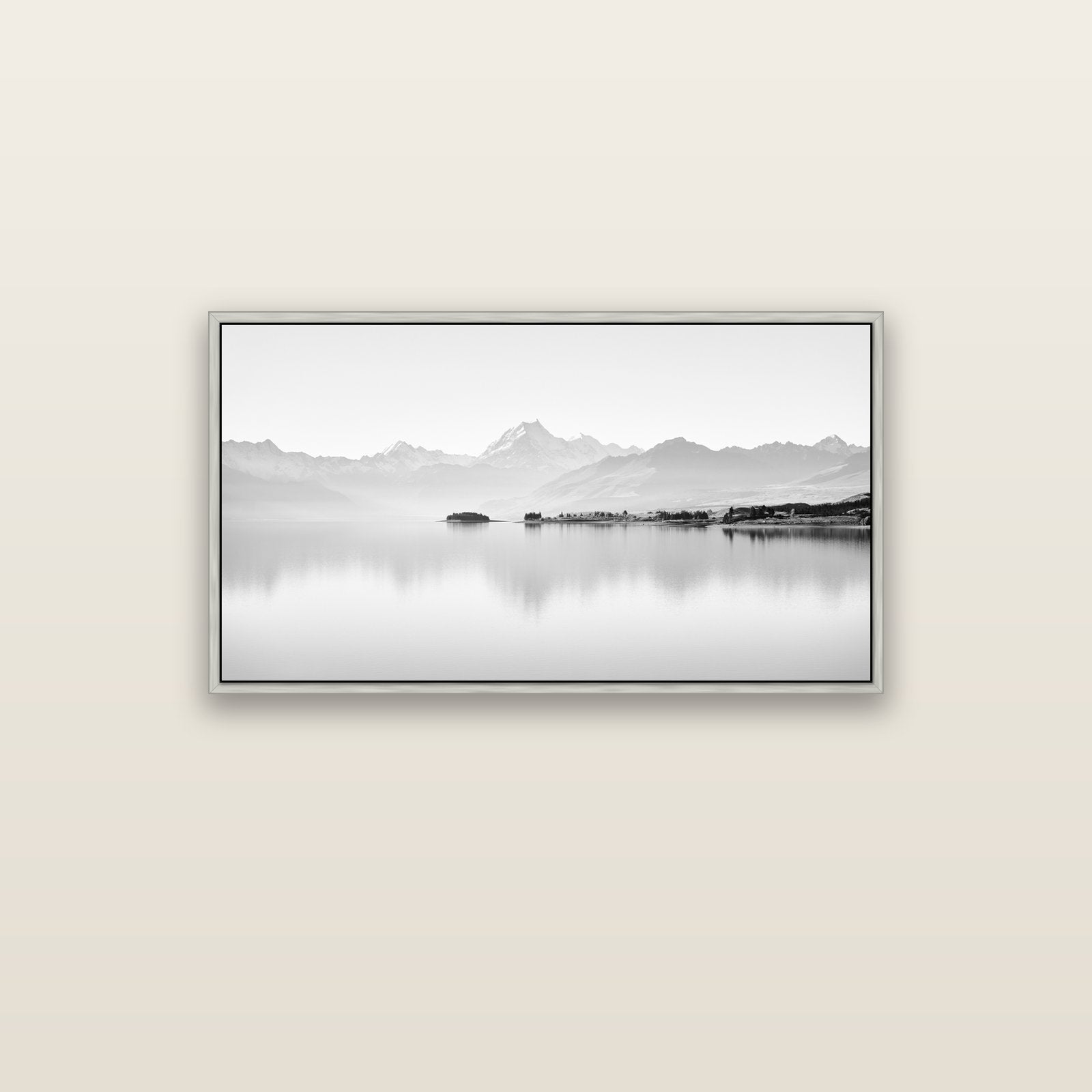 Cook's Elegance, Lake Pukaki — silver float frame canvas, 102 × 56 cm. New Zealand fine art landscape wall art by Stephen Milner.
