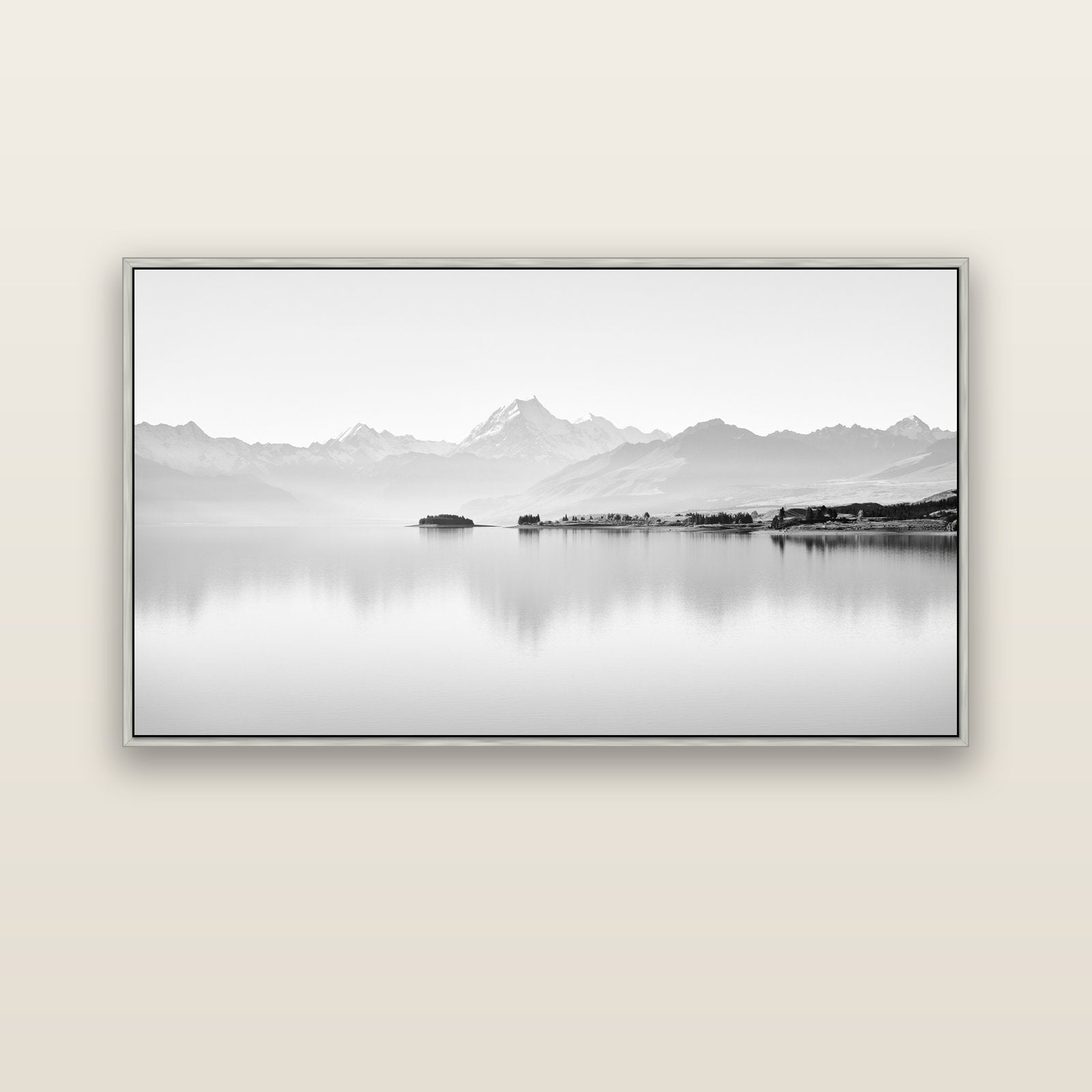 Cook's Elegance, Lake Pukaki — silver float frame canvas, 152 × 86 cm. New Zealand fine art landscape wall art by Stephen Milner.