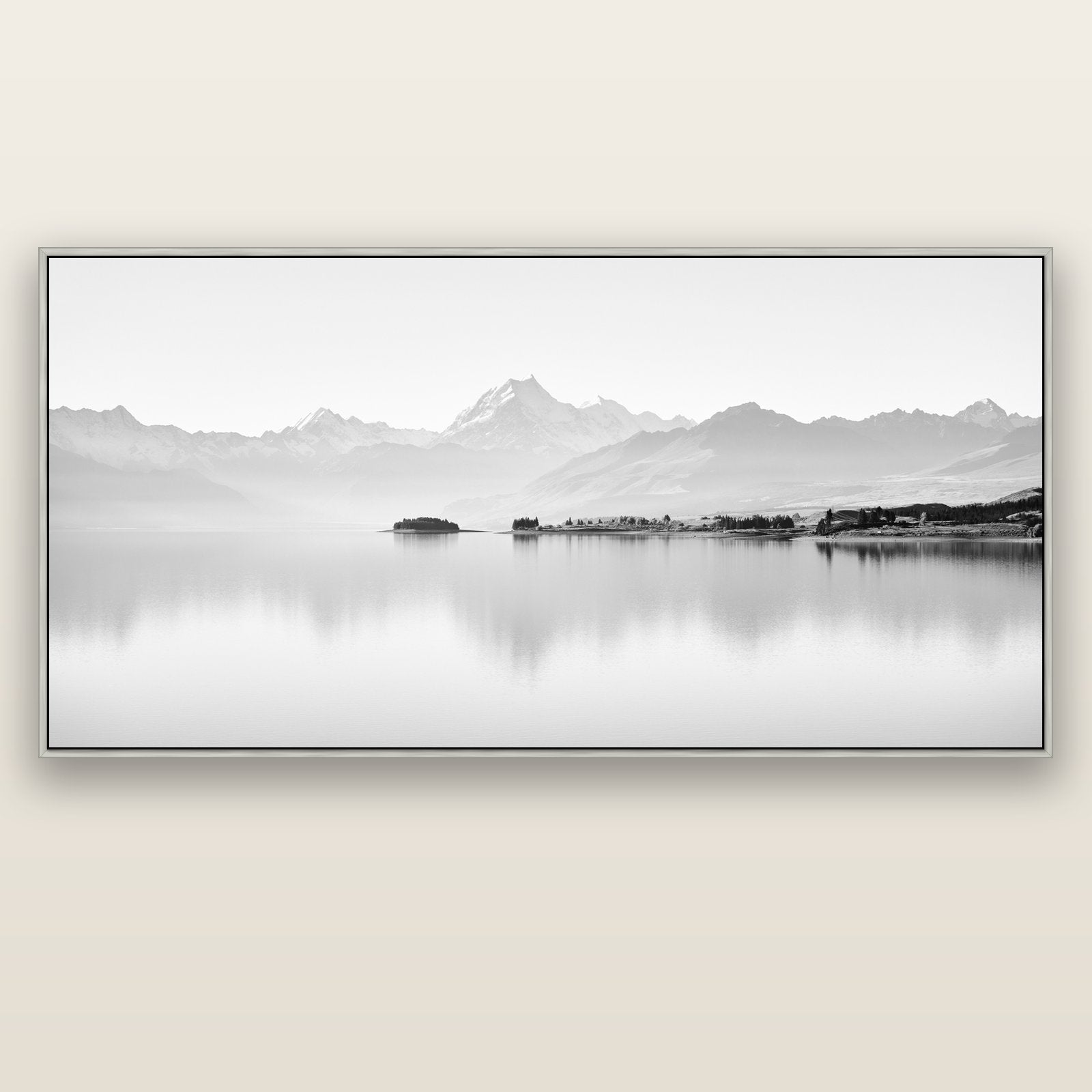 Cook's Elegance, Lake Pukaki — silver float frame canvas, 201 × 99 cm. New Zealand fine art landscape wall art by Stephen Milner.