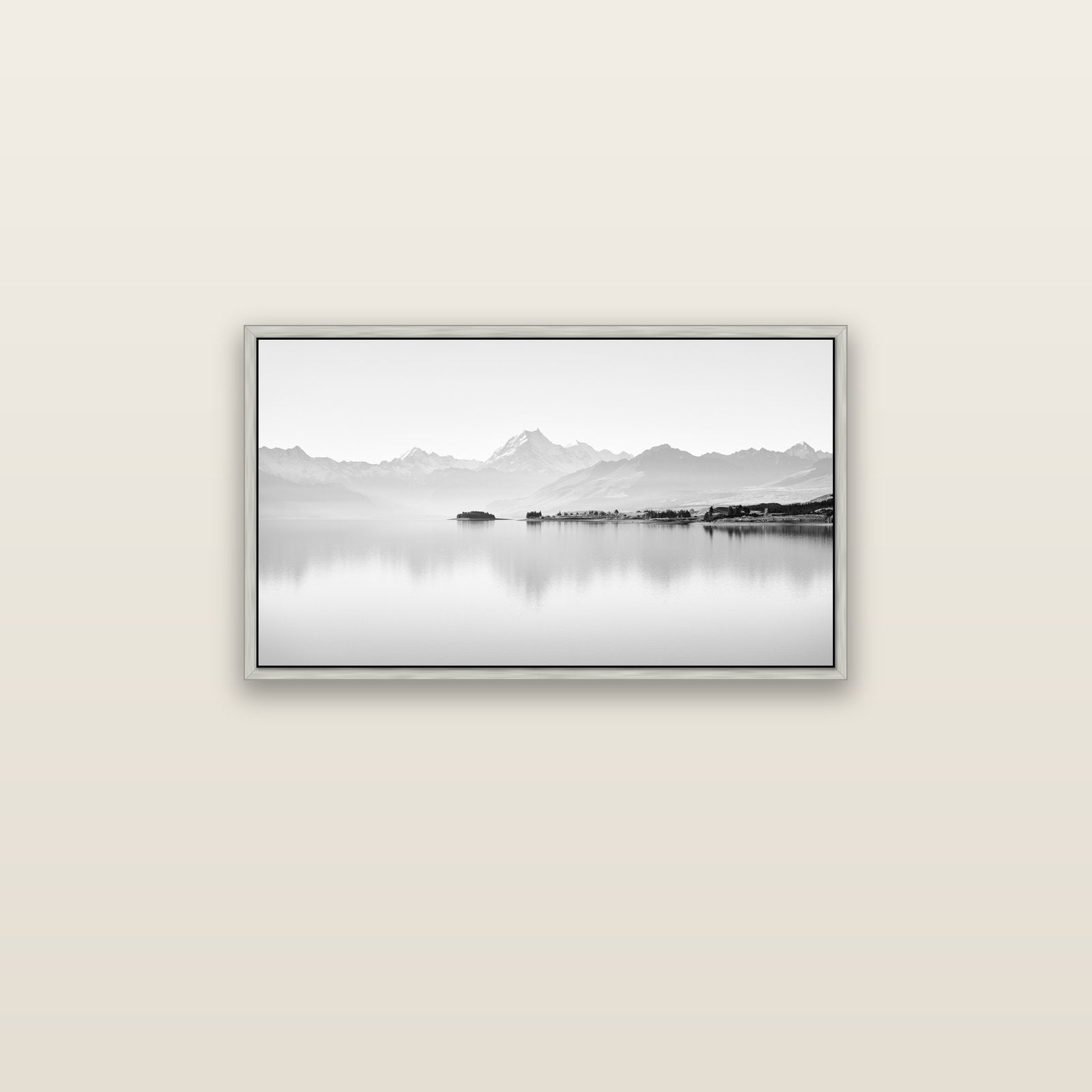 Cook's Elegance, Lake Pukaki — silver float frame canvas, 81 × 46 cm. New Zealand fine art landscape wall art by Stephen Milner.