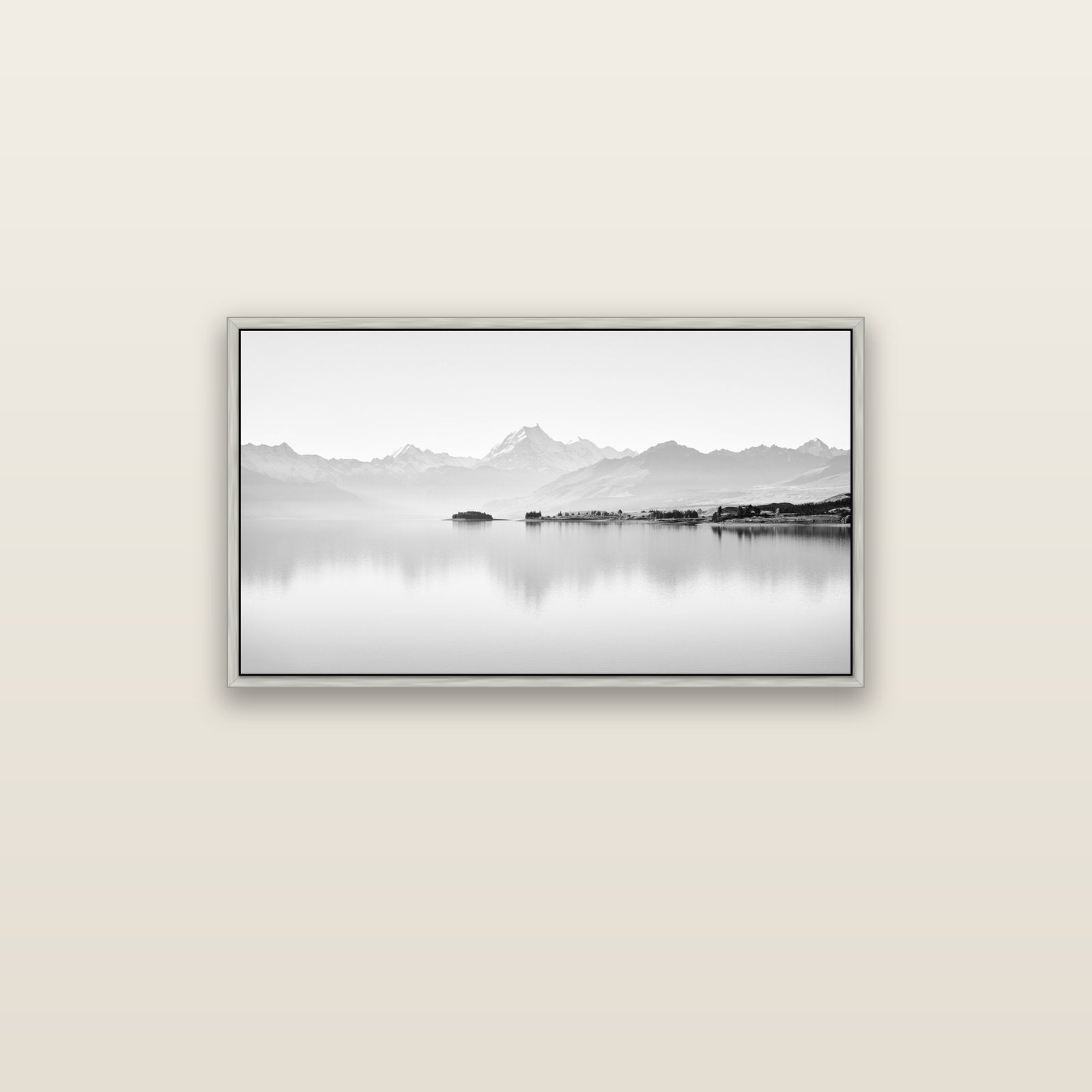 Cook's Elegance, Lake Pukaki — silver float frame canvas, 91 × 51 cm. New Zealand fine art landscape wall art by Stephen Milner.