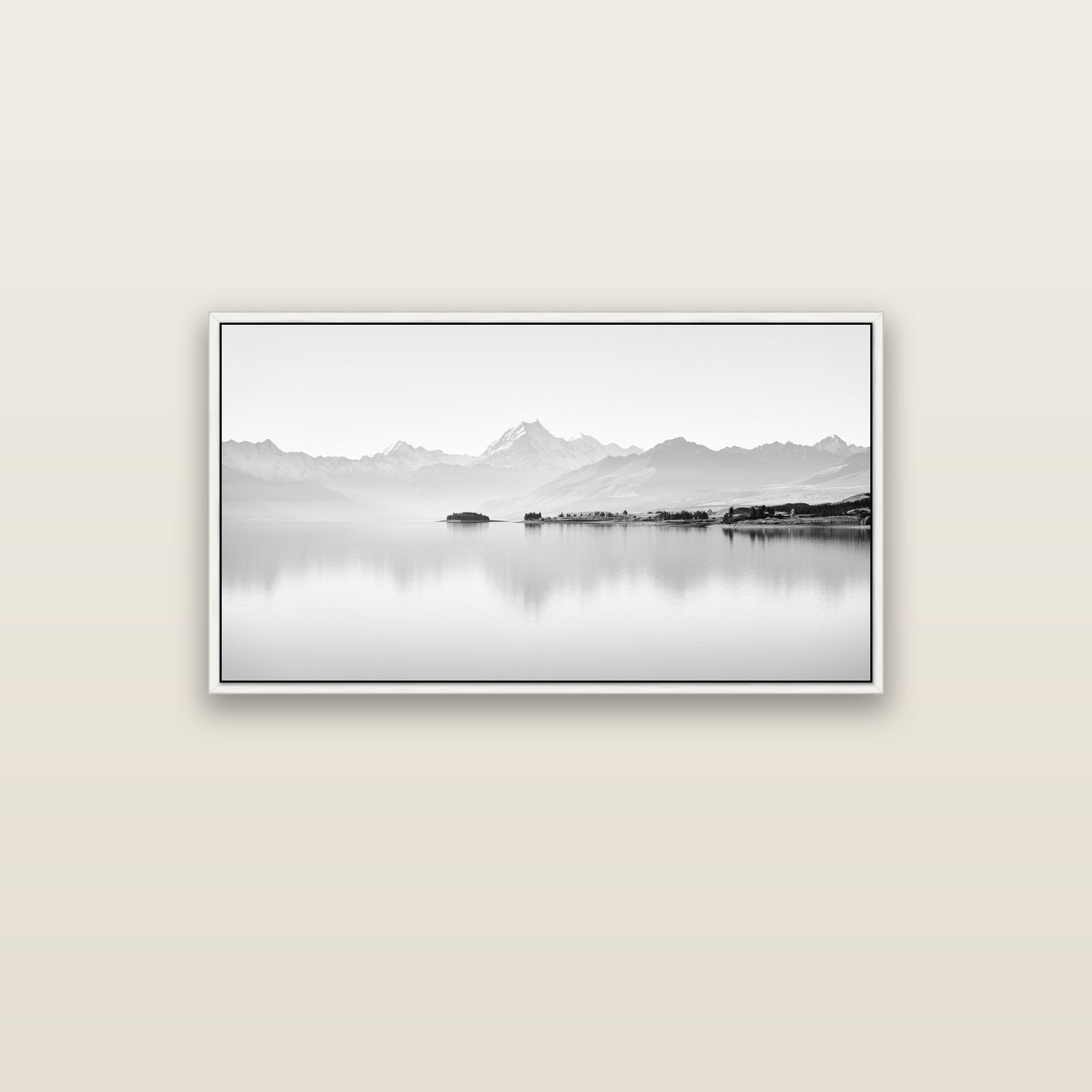 Cook's Elegance, Lake Pukaki — white float frame canvas, 102 × 56 cm. New Zealand fine art landscape wall art by Stephen Milner.