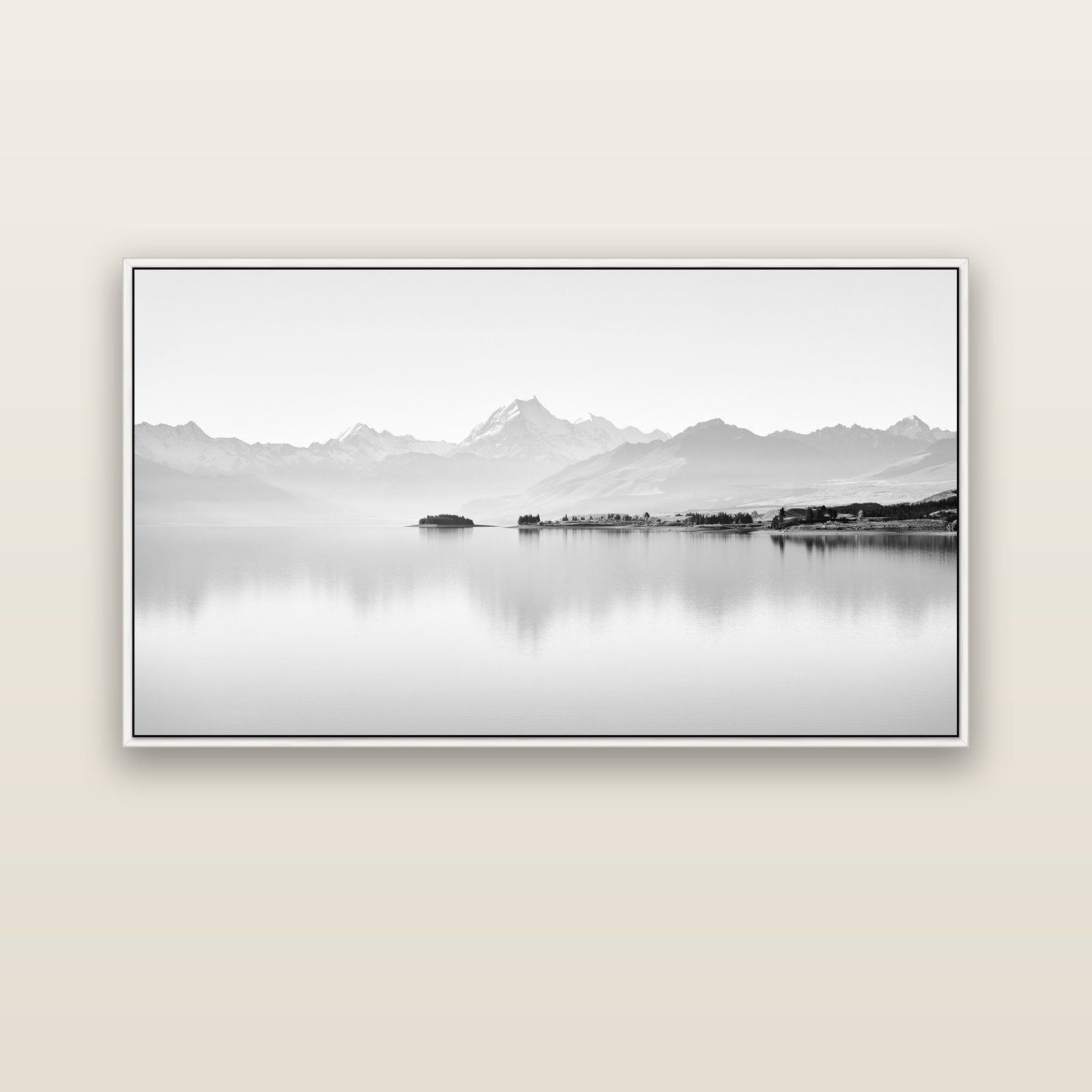Cook's Elegance, Lake Pukaki — white float frame canvas, 152 × 86 cm. New Zealand fine art landscape wall art by Stephen Milner.