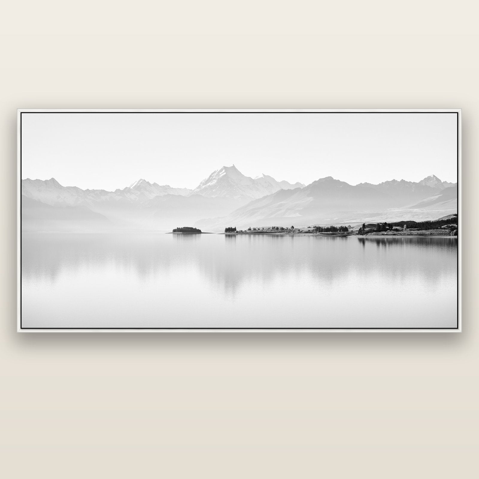Cook's Elegance, Lake Pukaki — white float frame canvas, 201 × 99 cm. New Zealand fine art landscape wall art by Stephen Milner.