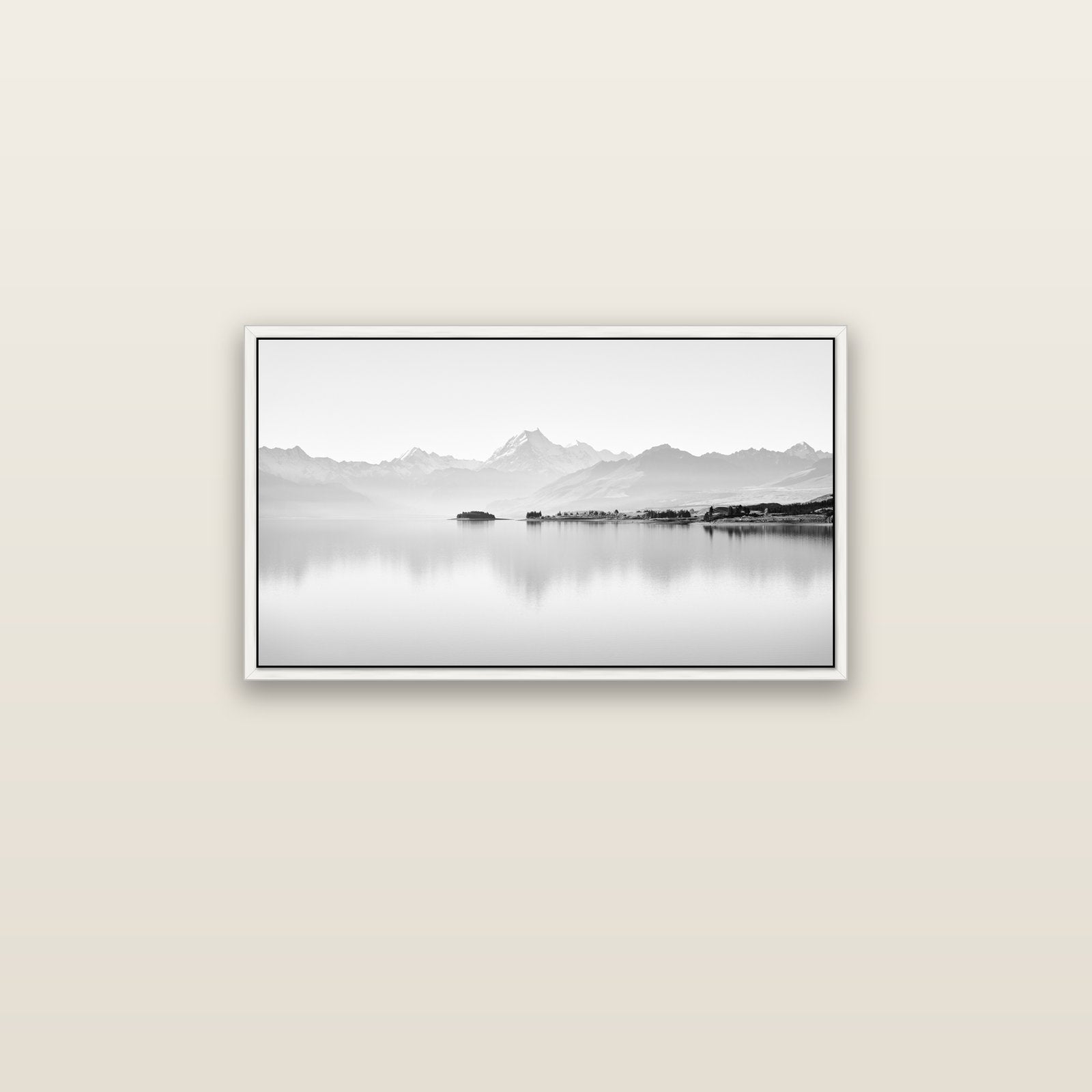 Cook's Elegance, Lake Pukaki — white float frame canvas, 81 × 46 cm. New Zealand fine art landscape wall art by Stephen Milner.