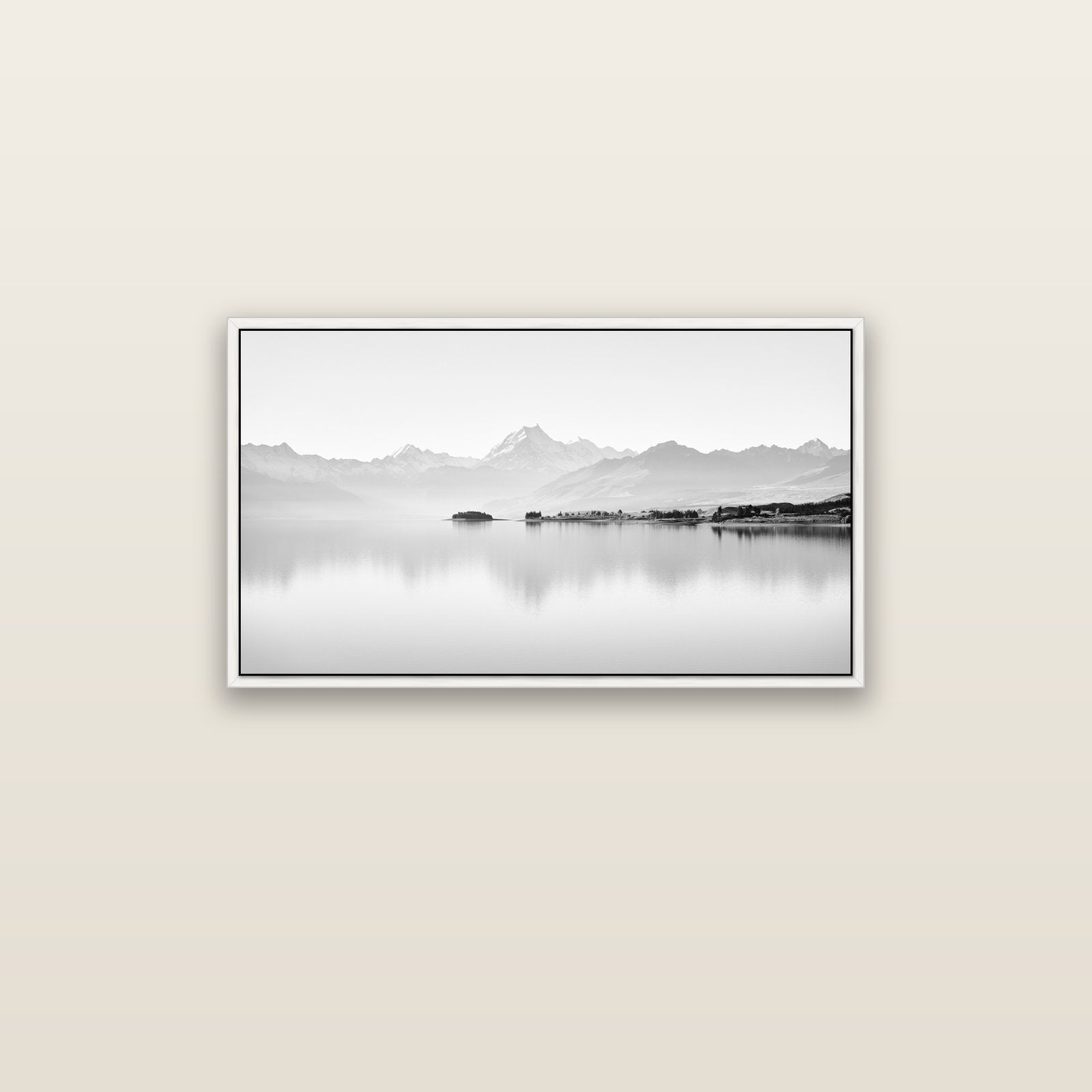 Cook's Elegance, Lake Pukaki — white float frame canvas, 91 × 51 cm. New Zealand fine art landscape wall art by Stephen Milner.
