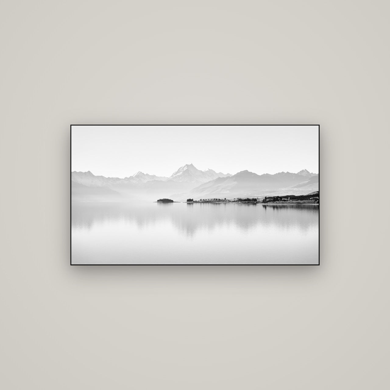 Cook's Elegance, Lake Pukaki — Slimline Black, 107×60 cm. New Zealand fine art wall art by Stephen Milner.