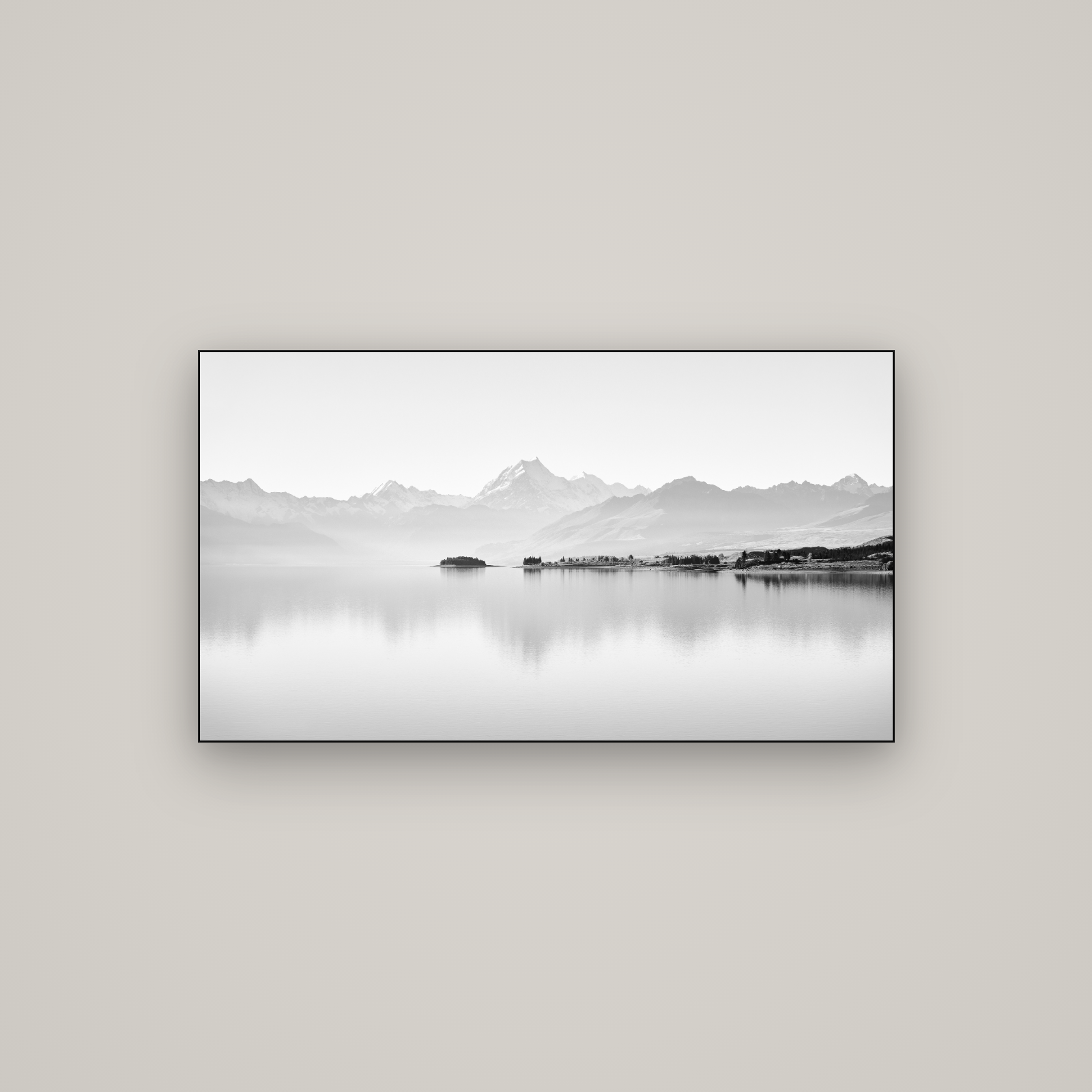 Cook's Elegance, Lake Pukaki — Slimline Black, 107×60 cm. New Zealand fine art wall art by Stephen Milner.