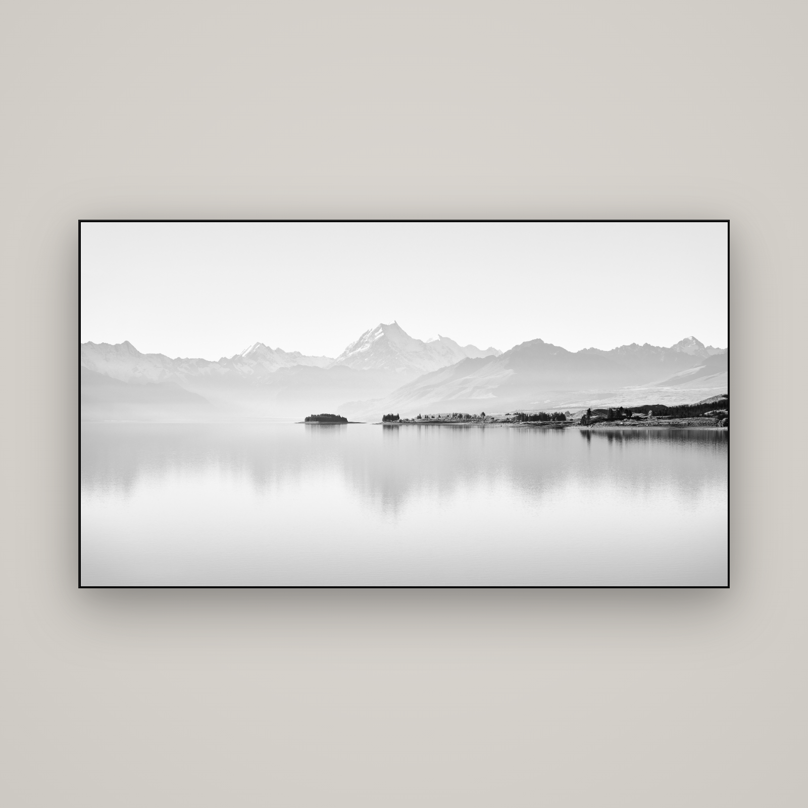 Cook's Elegance, Lake Pukaki — Slimline Black, 160×90 cm. New Zealand fine art wall art by Stephen Milner.