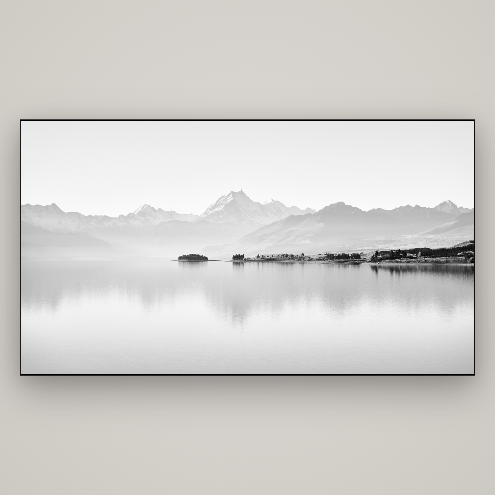 Cook's Elegance, Lake Pukaki — Slimline Black, 196×110 cm. New Zealand fine art wall art by Stephen Milner.