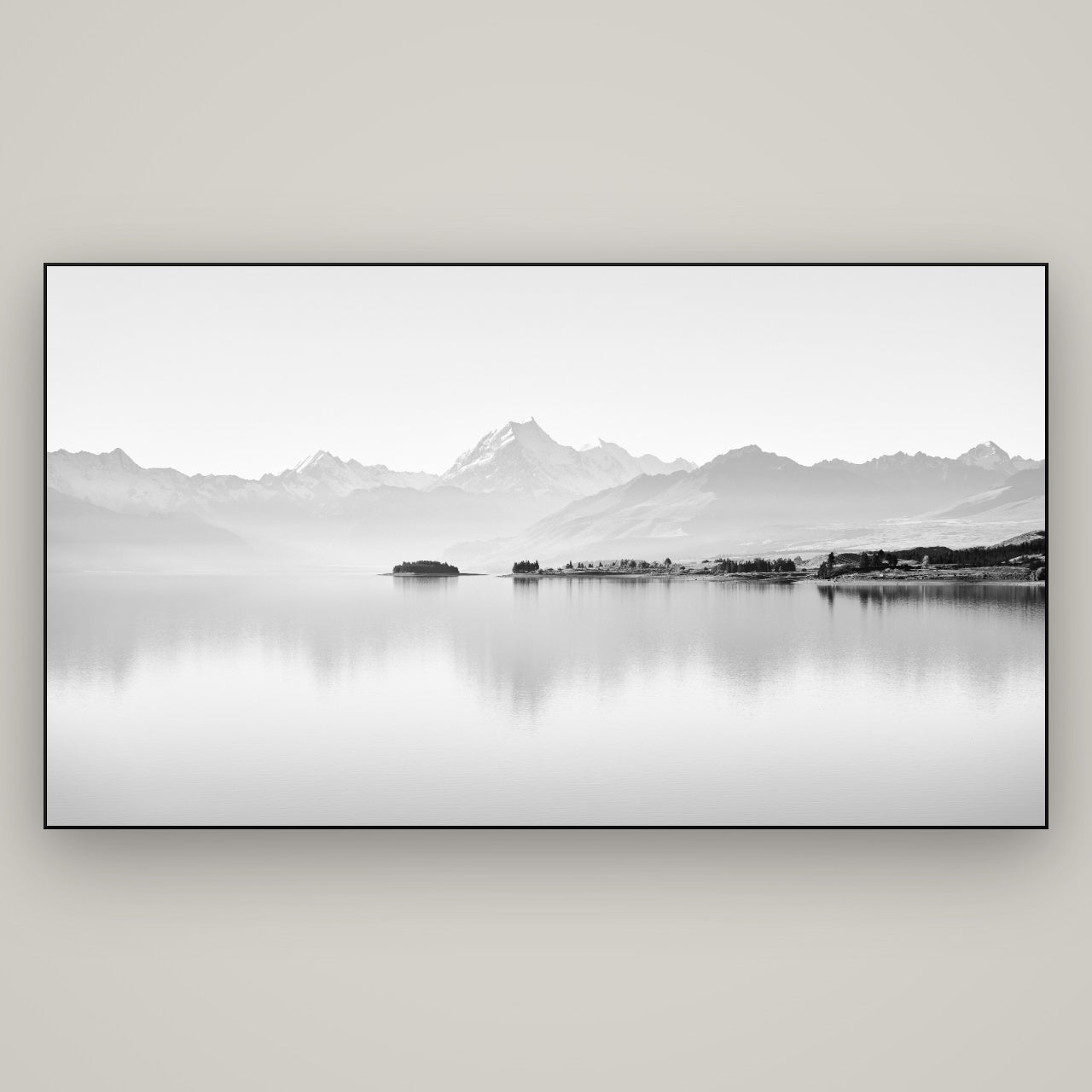 Cook's Elegance, Lake Pukaki — Slimline Black, 196×110 cm. New Zealand fine art wall art by Stephen Milner.