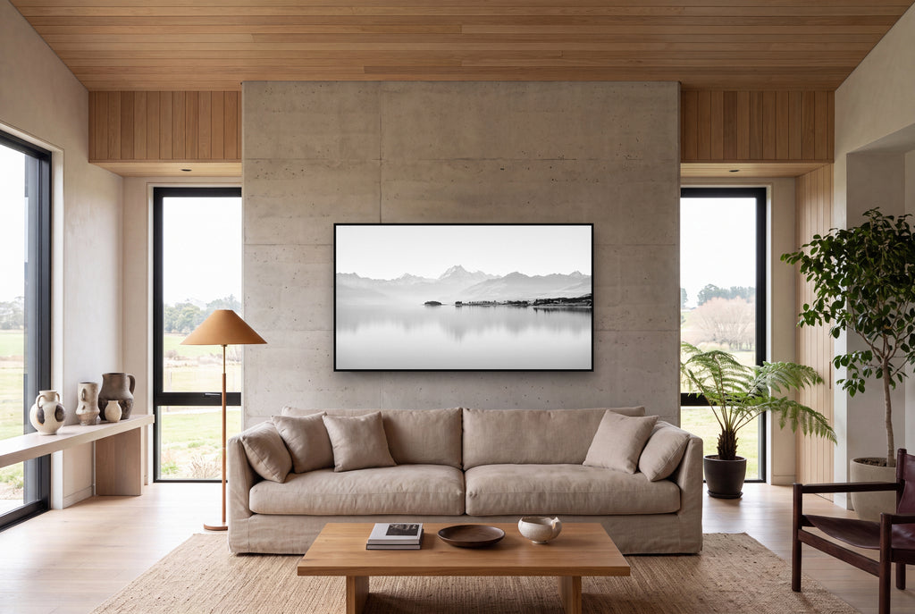 Cook's Elegance, Lake Pukaki shown as large black and white wall art in a styled room, fine art by Stephen Milner.