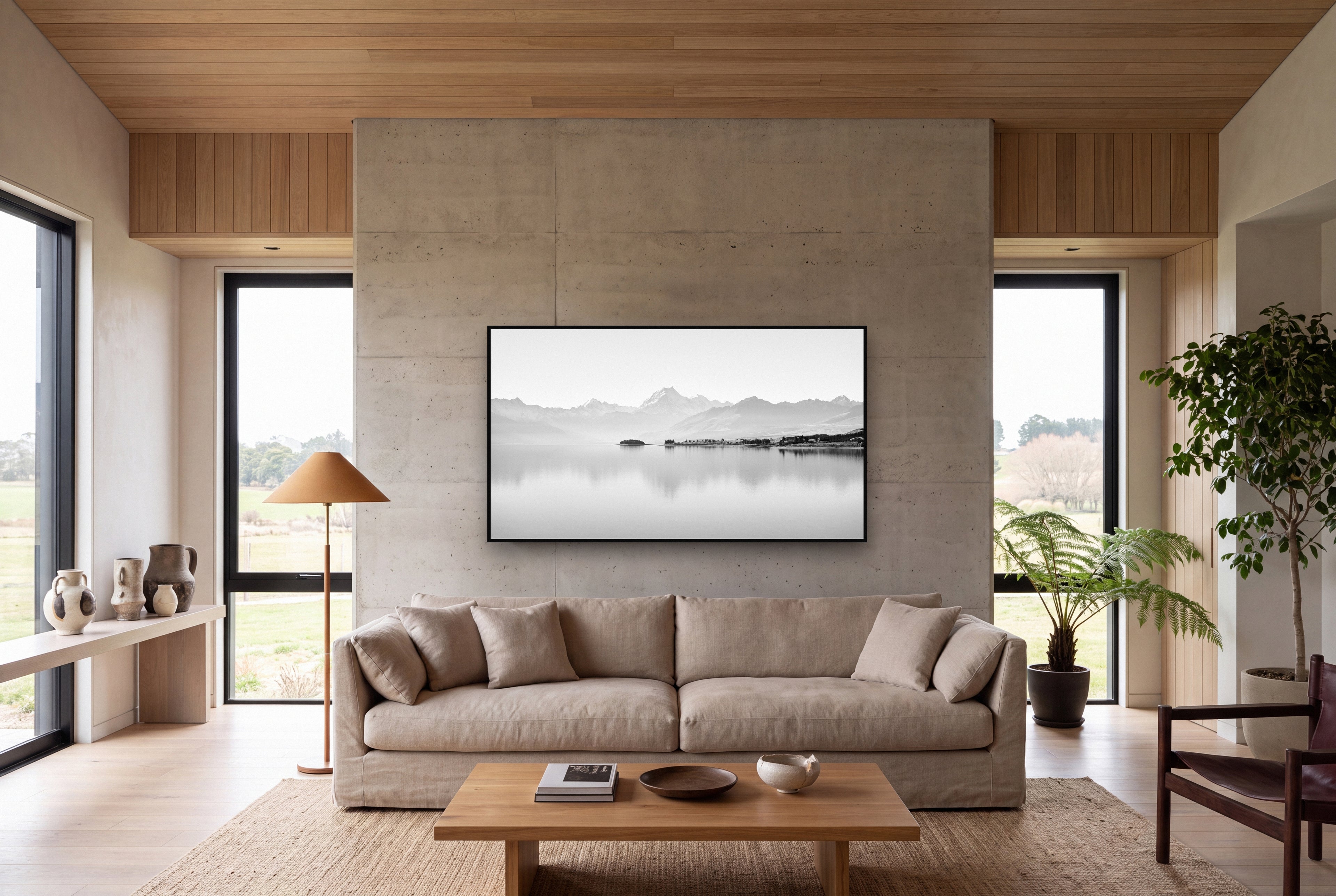Cook's Elegance, Lake Pukaki shown as large black and white wall art in a styled room, fine art by Stephen Milner.