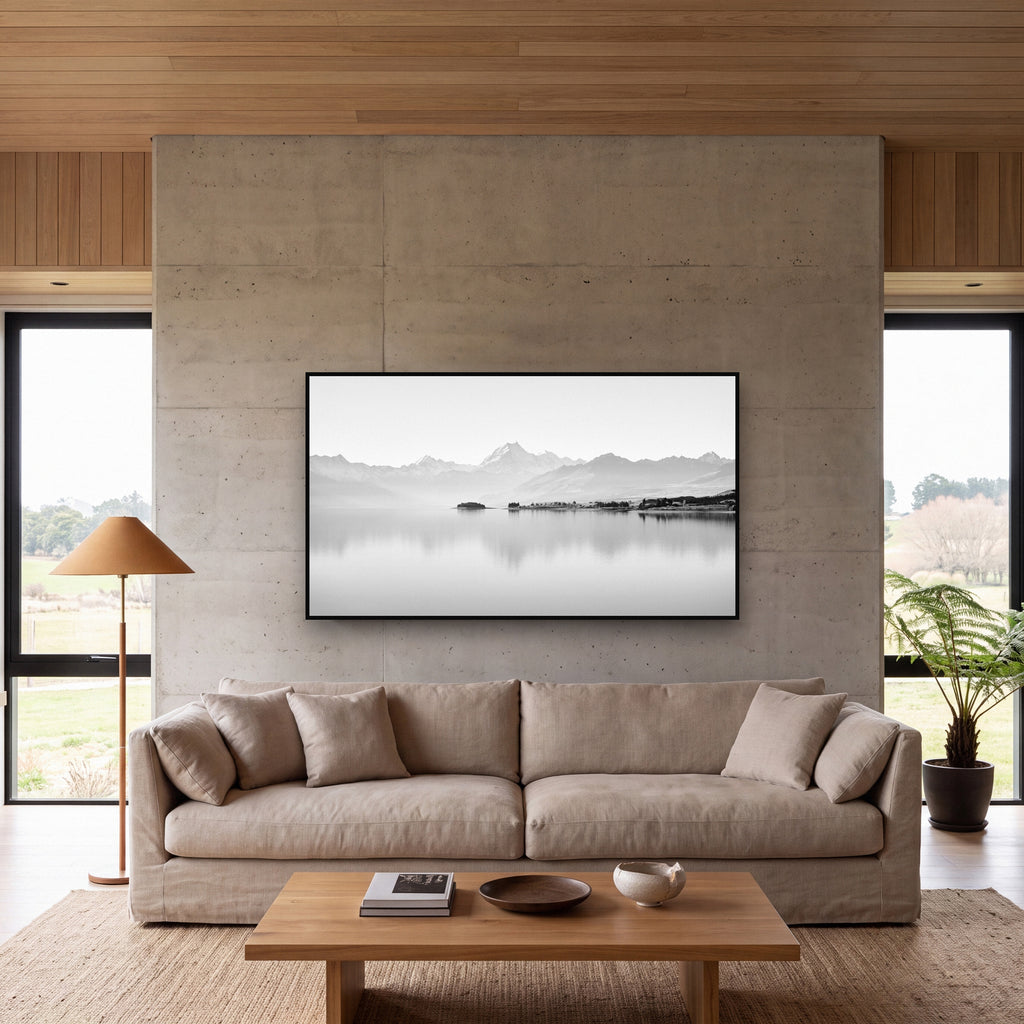 Cook's Elegance, Lake Pukaki shown as large black and white wall art in a styled interior. Fine art landscape photography by Stephen Milner.