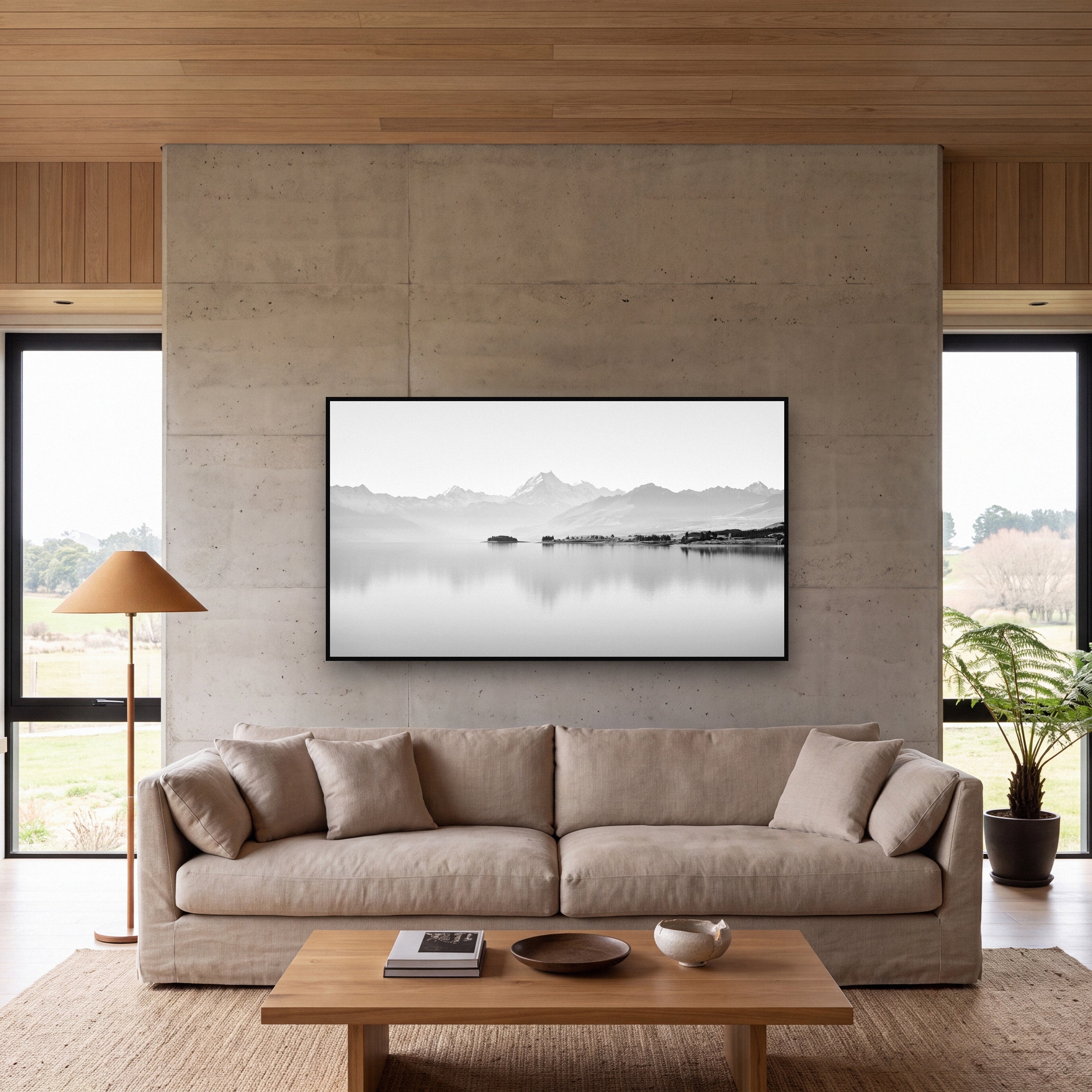Cook's Elegance, Lake Pukaki shown as large black and white wall art in a styled interior. Fine art landscape photography by Stephen Milner.