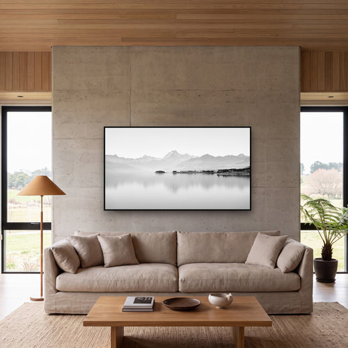 Cook's Elegance, Lake Pukaki shown as large black and white wall art in a styled interior. Fine art landscape photography by Stephen Milner.