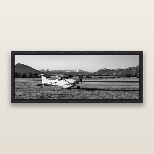 Adventure's Prelude, Sunset at Mount Aspiring, black and white framed metallic canvas print, Black frame. New Zealand fine art wall art by Stephen Milner.