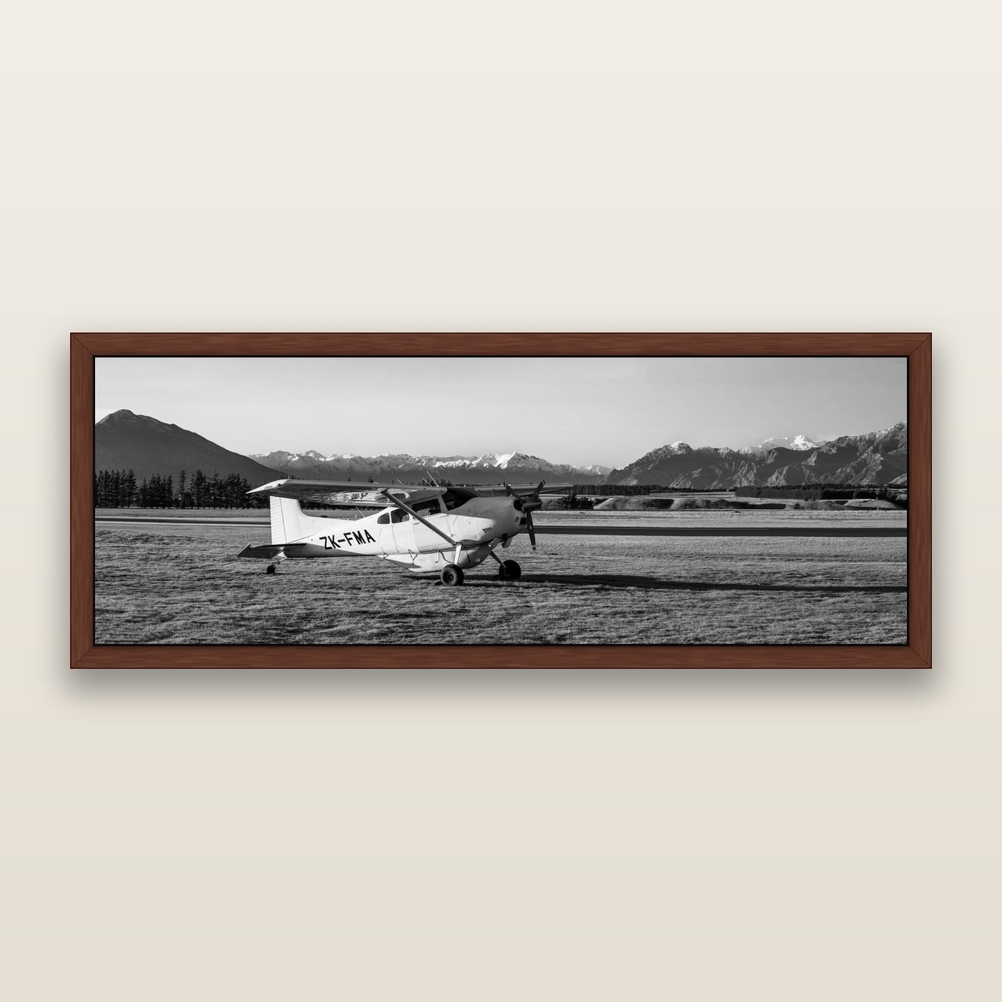 Adventure's Prelude, Sunset at Mount Aspiring, black and white framed metallic canvas print, Brown frame. New Zealand fine art wall art by Stephen Milner.
