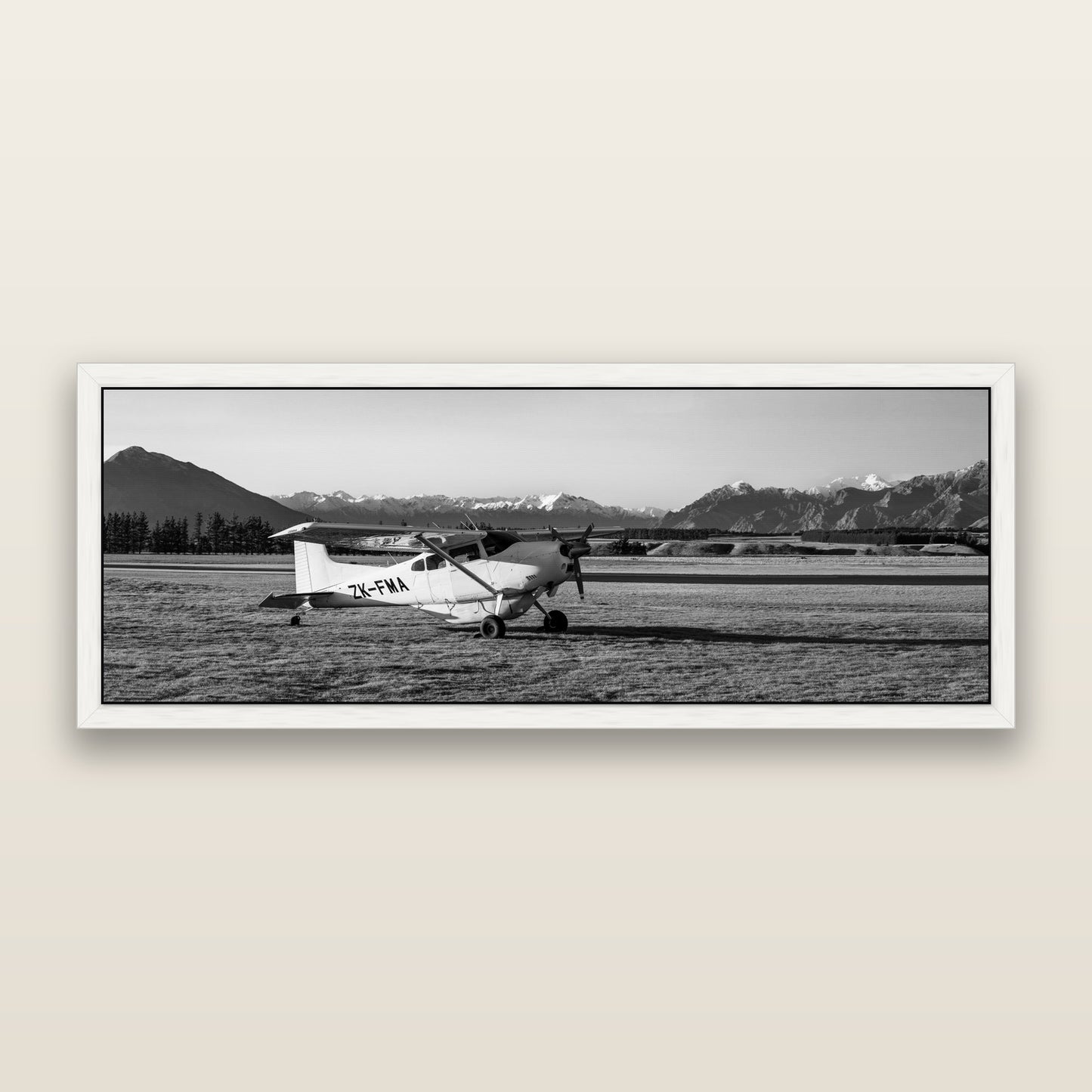 Adventure's Prelude, Sunset at Mount Aspiring, black and white framed metallic canvas print, White frame. New Zealand fine art wall art by Stephen Milner.