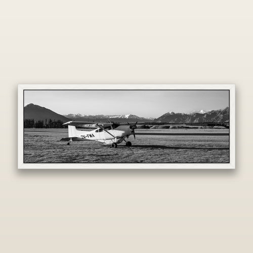 Adventure's Prelude, Sunset at Mount Aspiring, black and white framed metallic canvas print, White frame. New Zealand fine art wall art by Stephen Milner.