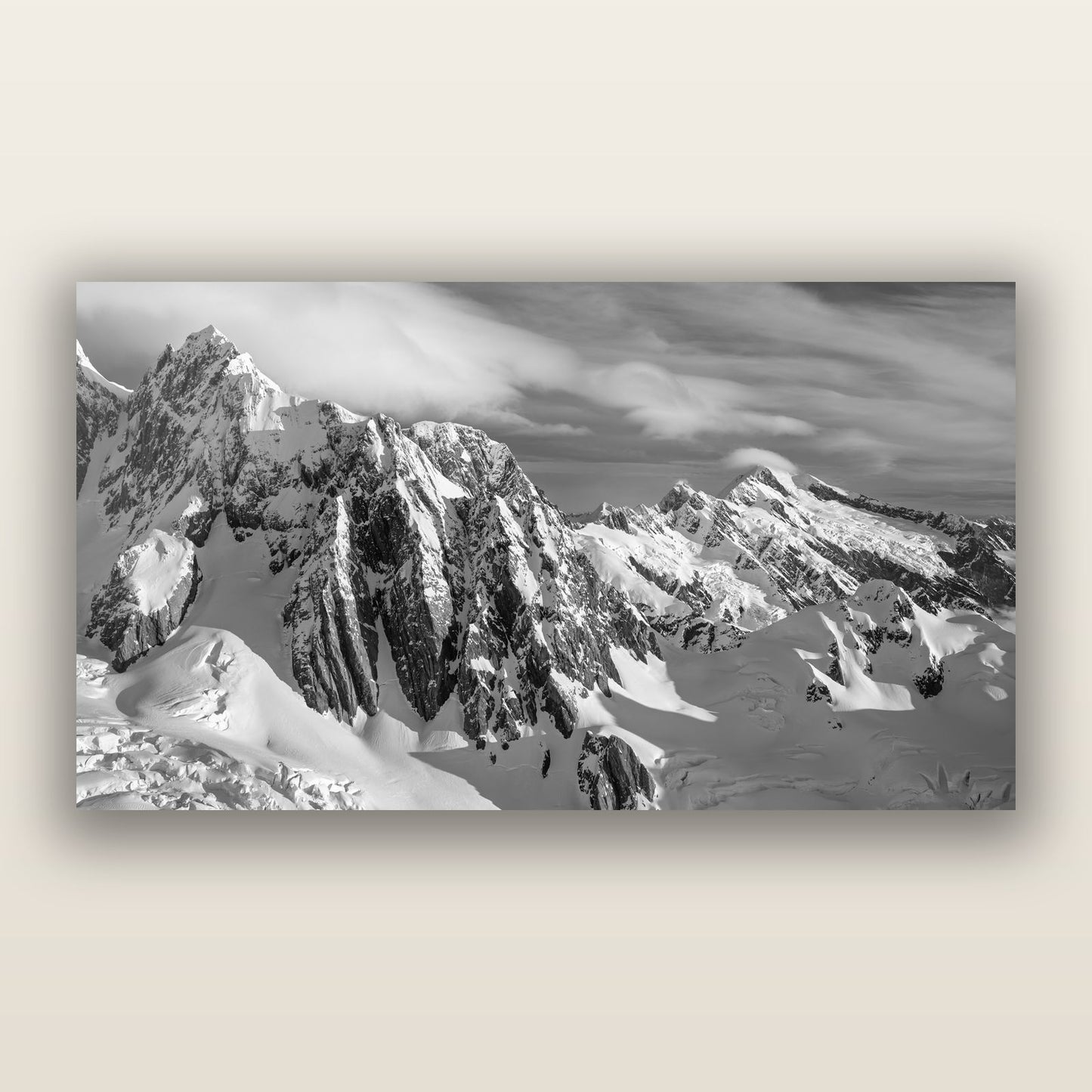 Crown of Cloud, Southern Alps — black and white frameless acrylic glass print. New Zealand fine art photography by Stephen Milner.